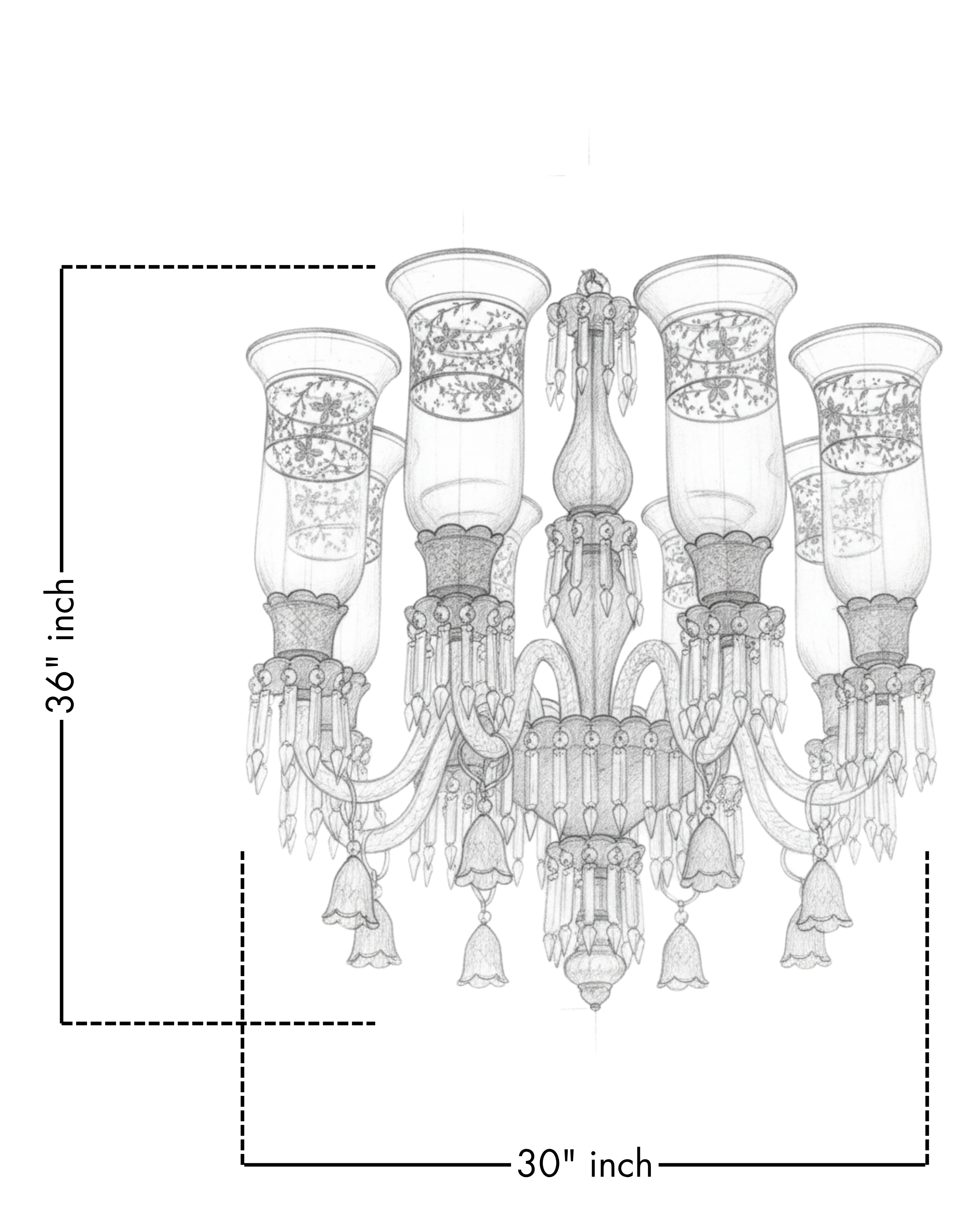Line drawing of a chandelier with dimensions on a white background