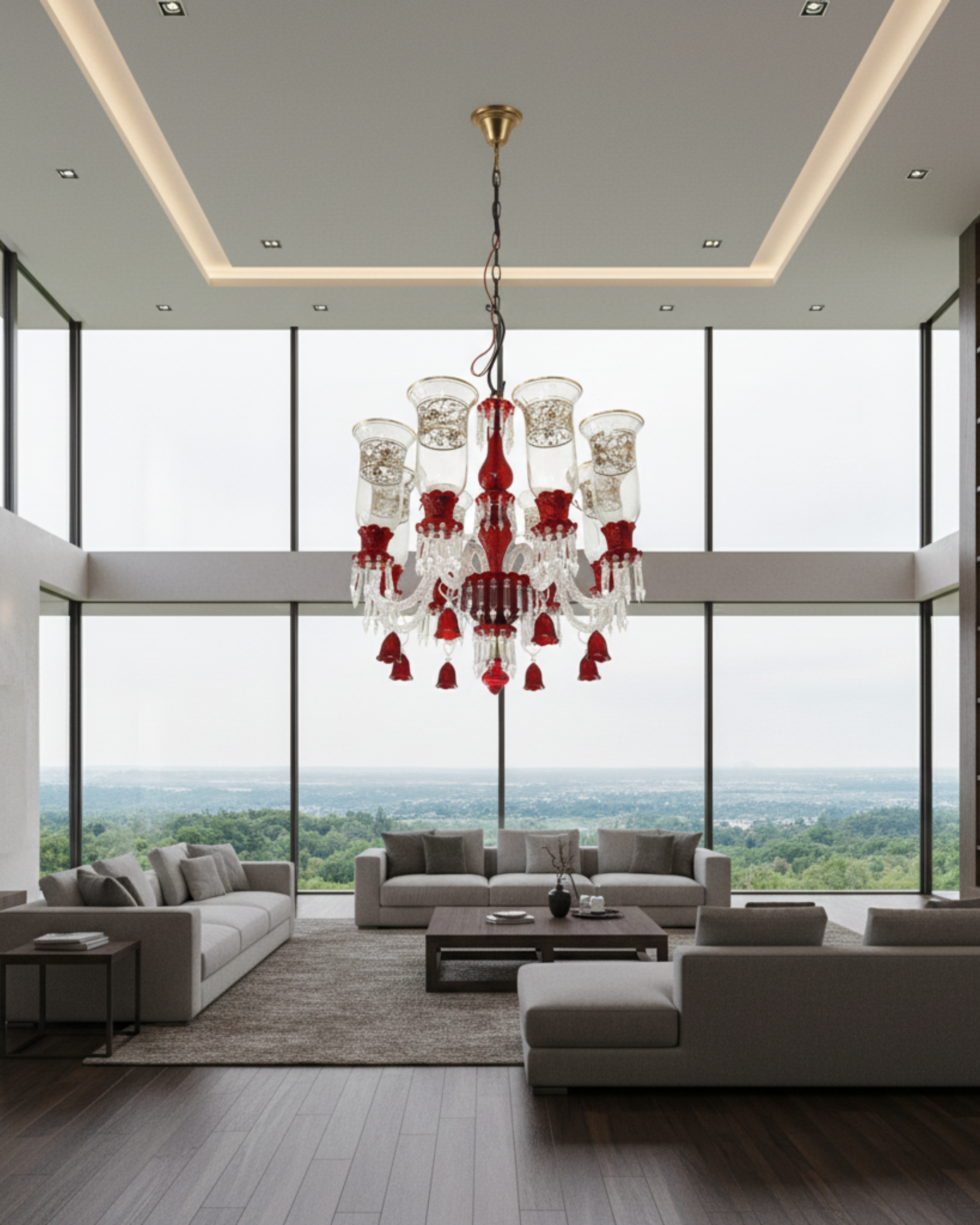 Modern living room with a red chandelier and large windows overlooking a scenic view.