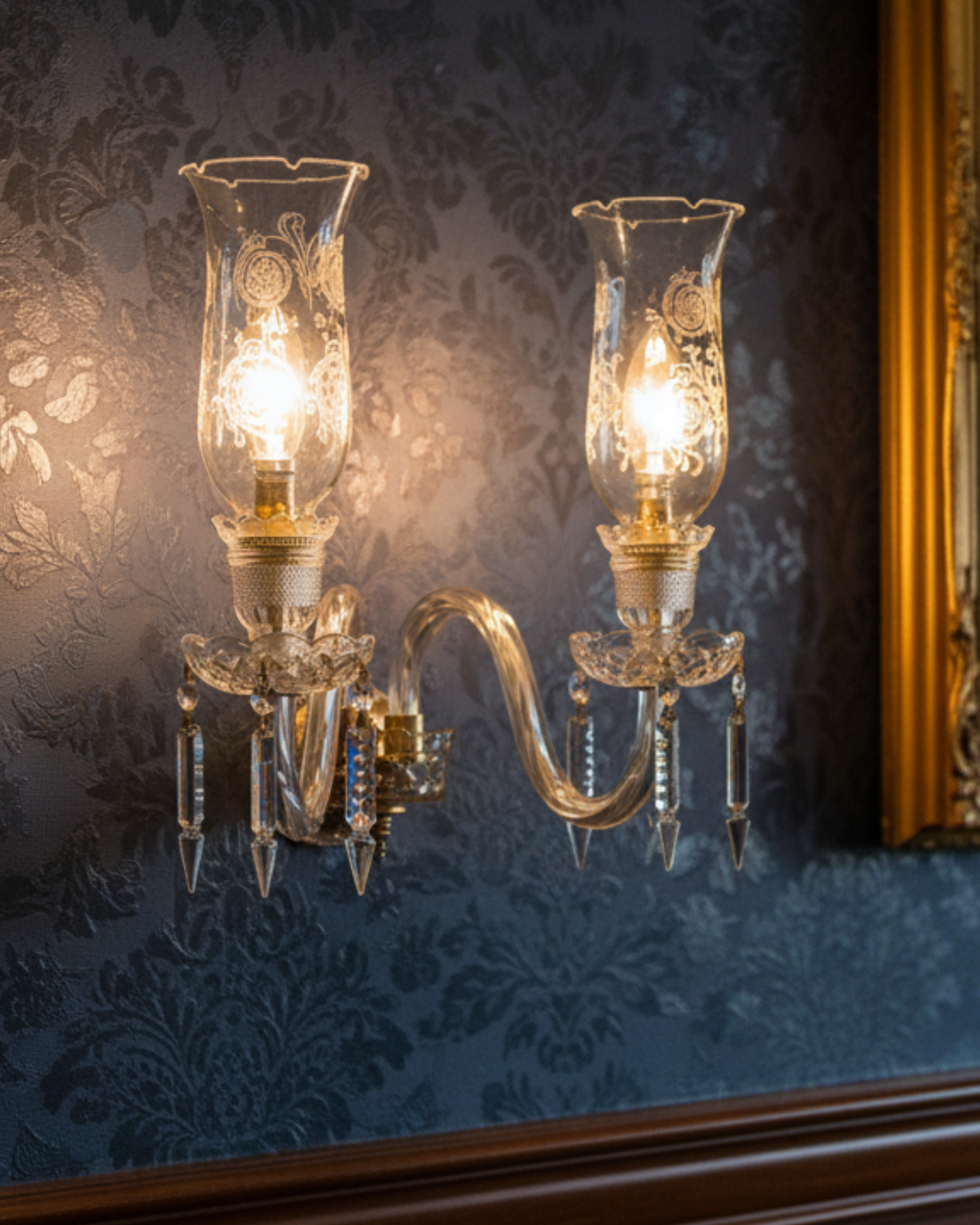 Crystal Elegance Twin Wall Light with etched glass and brass accents.