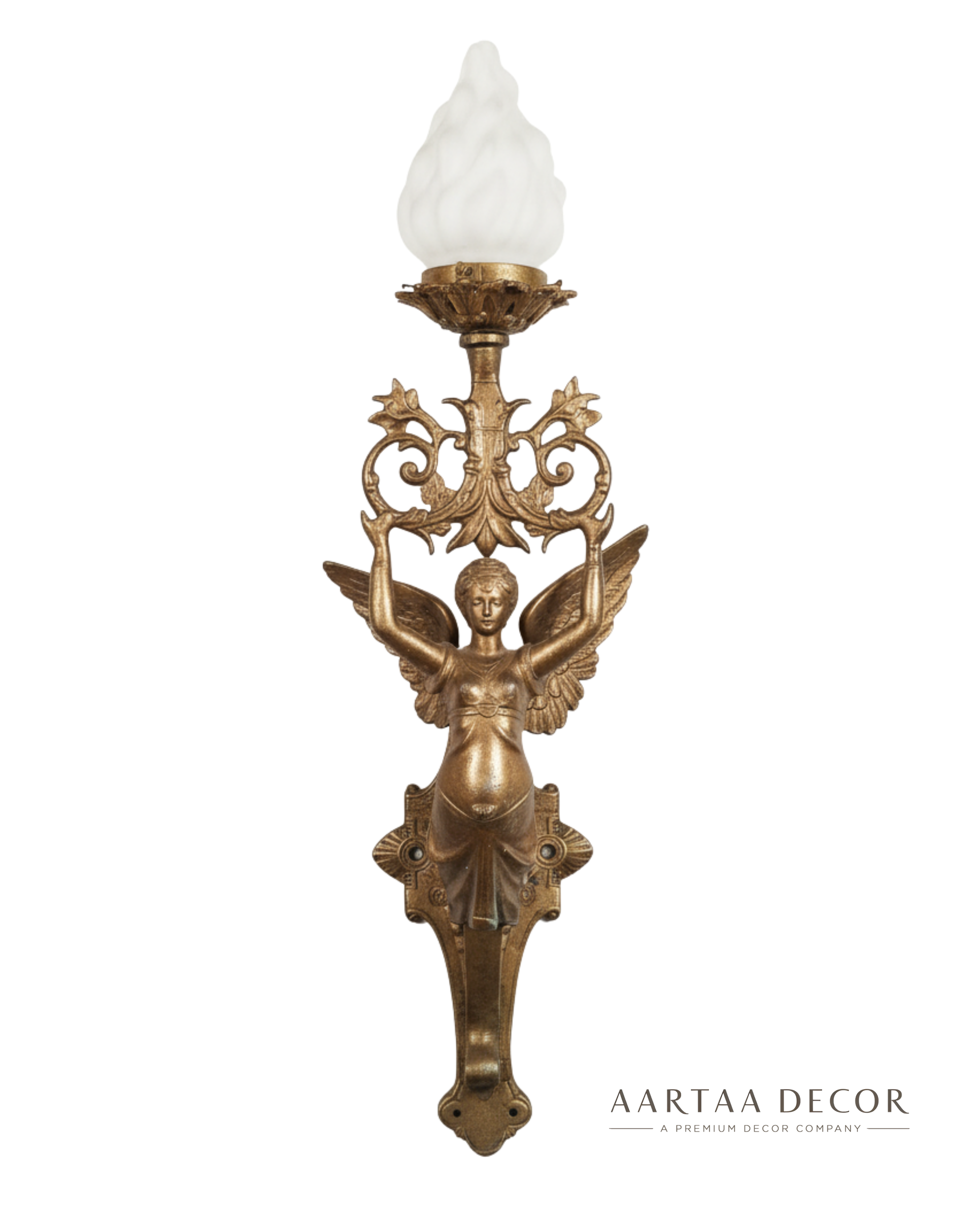 Decorative wall sconce with angelic design and white glass shade on a white background, featuring the brand 'Aartaa Decor'.