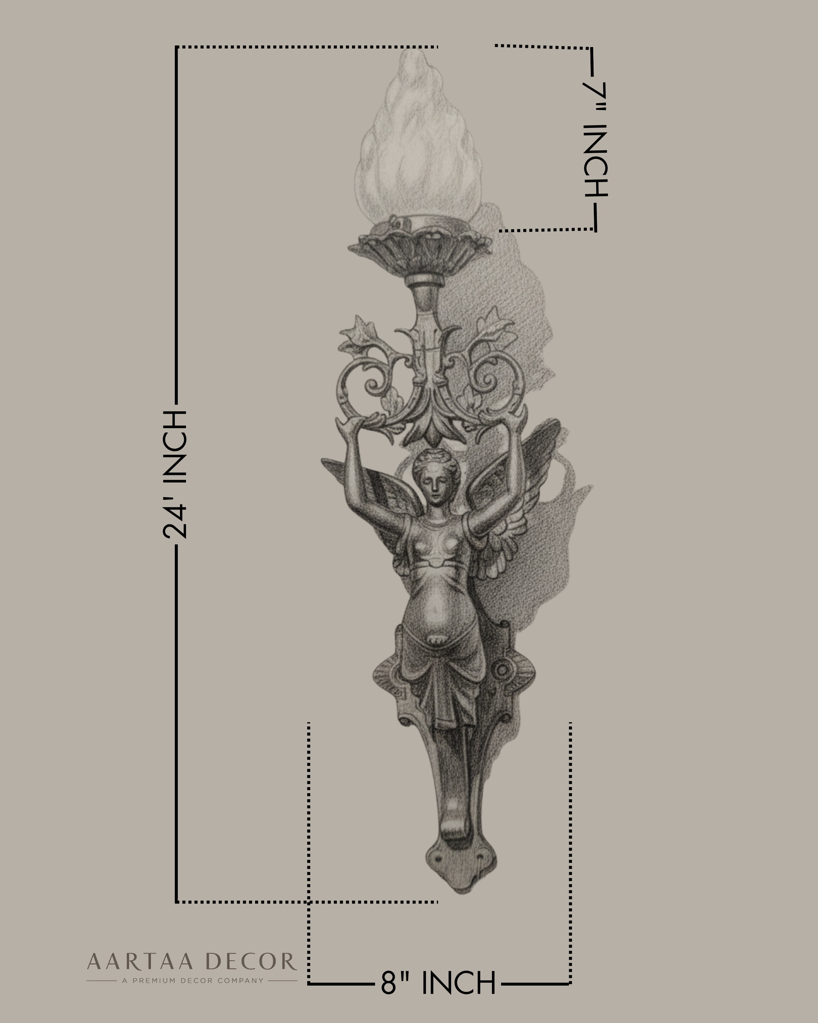 Decorative wall sconce with dimensions on a beige background