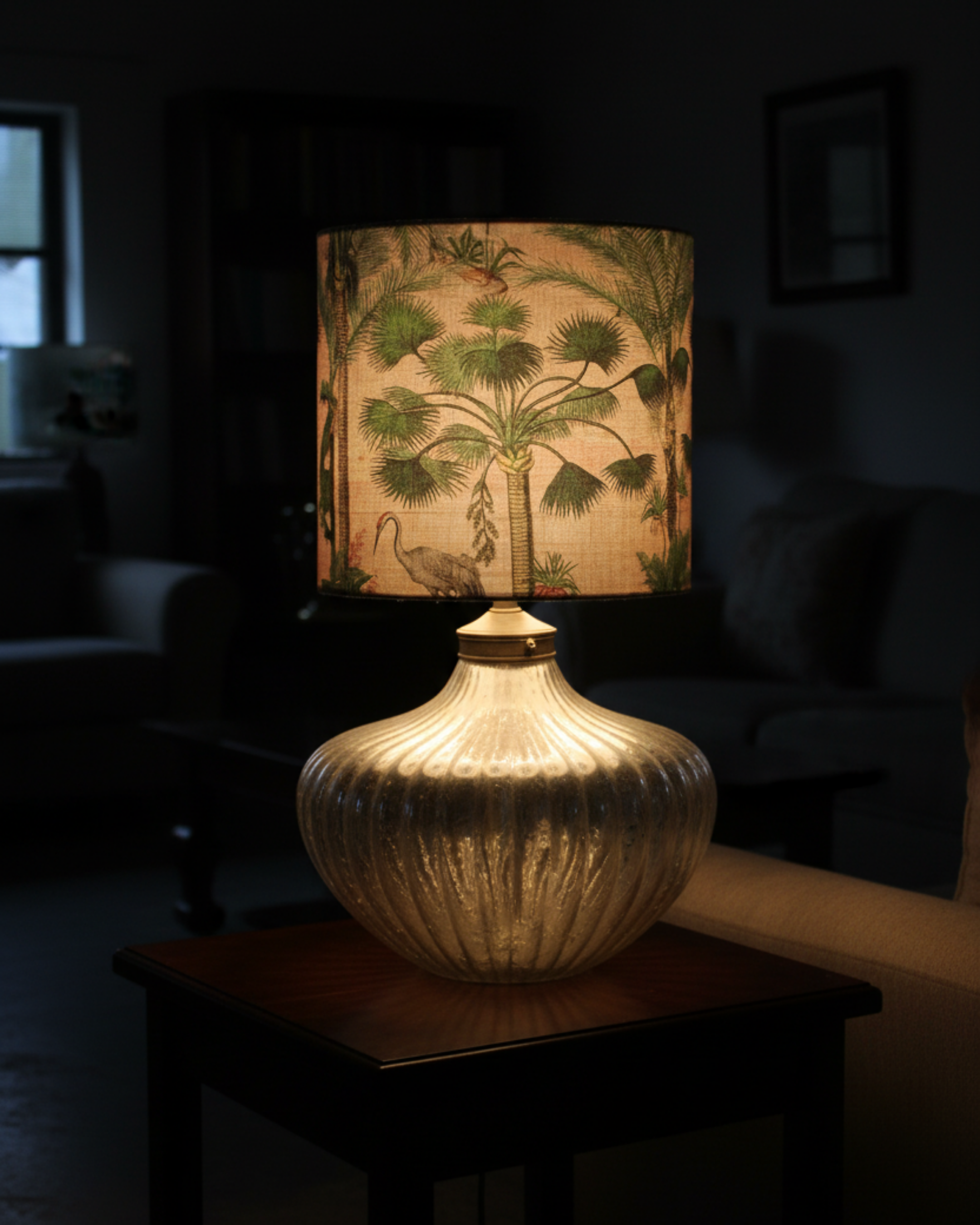 Elegant Botanical Glass Table Lamp with ribbed antique silver glass base and botanical palm print fabric shade, handcrafted in India, perfect for living room decor. Aartaa decor