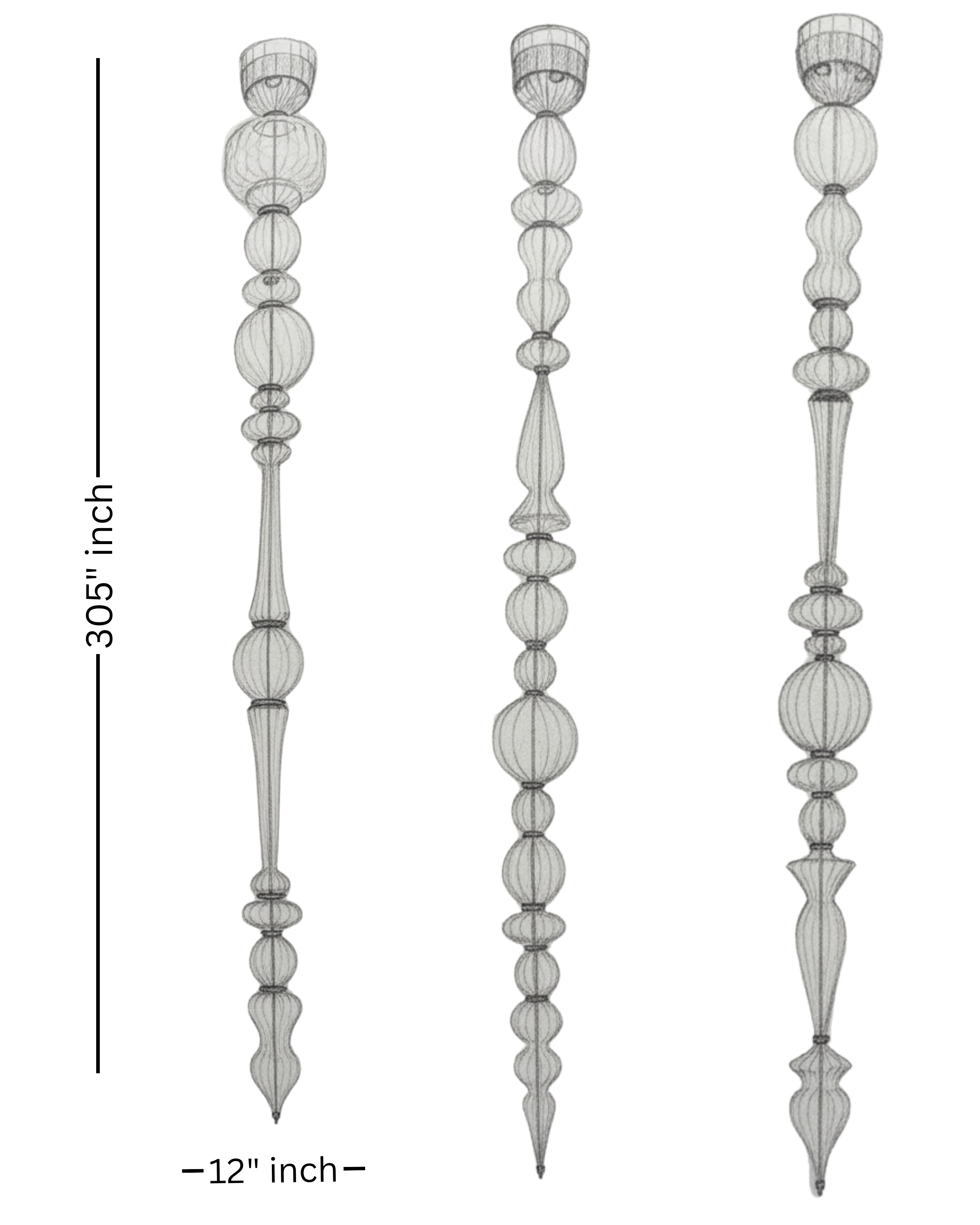 Three decorative columns with measurements on a white background