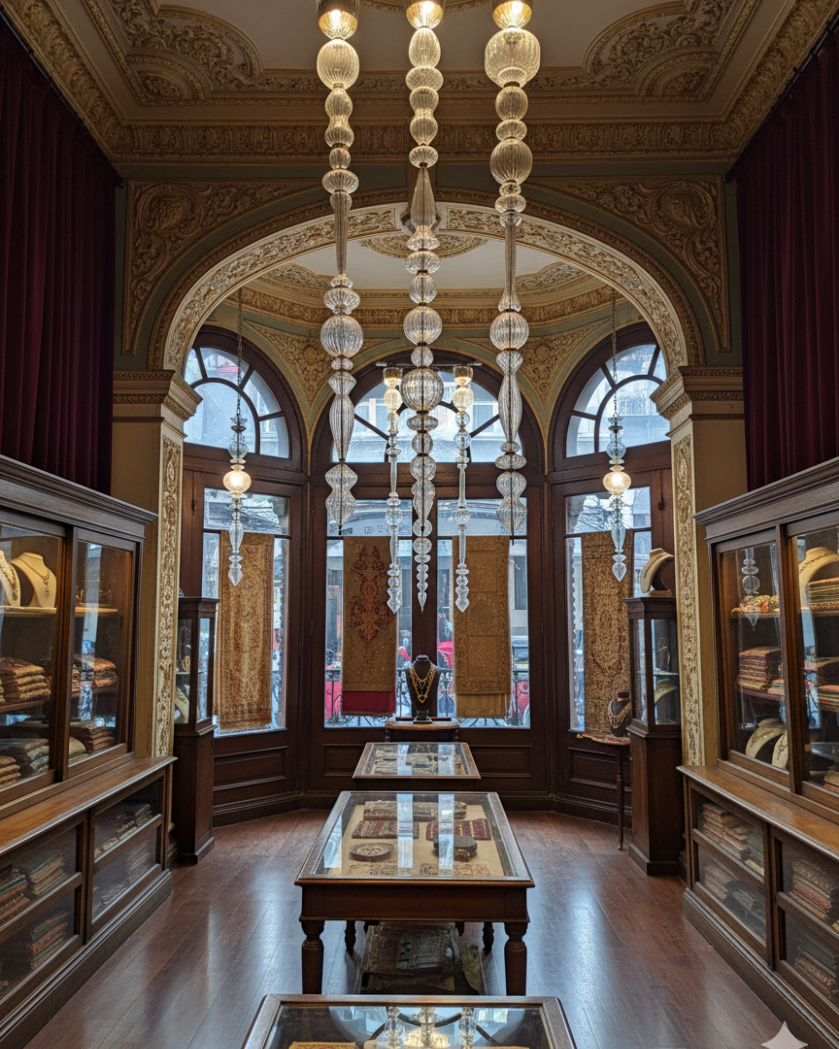 Grand room with ornate chandeliers, wooden display cases, and large windows.