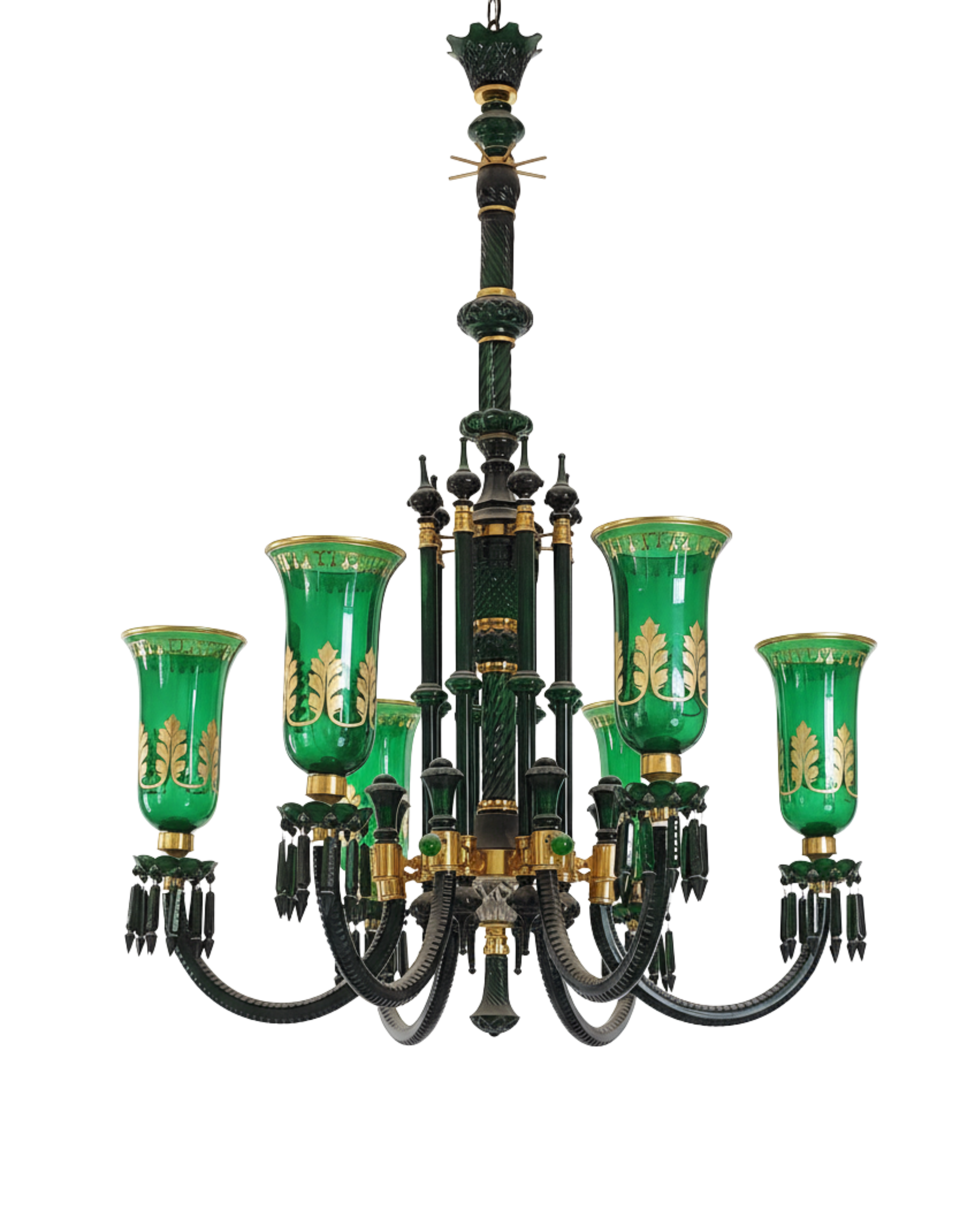 Decorative chandelier with green glass shades on a white background