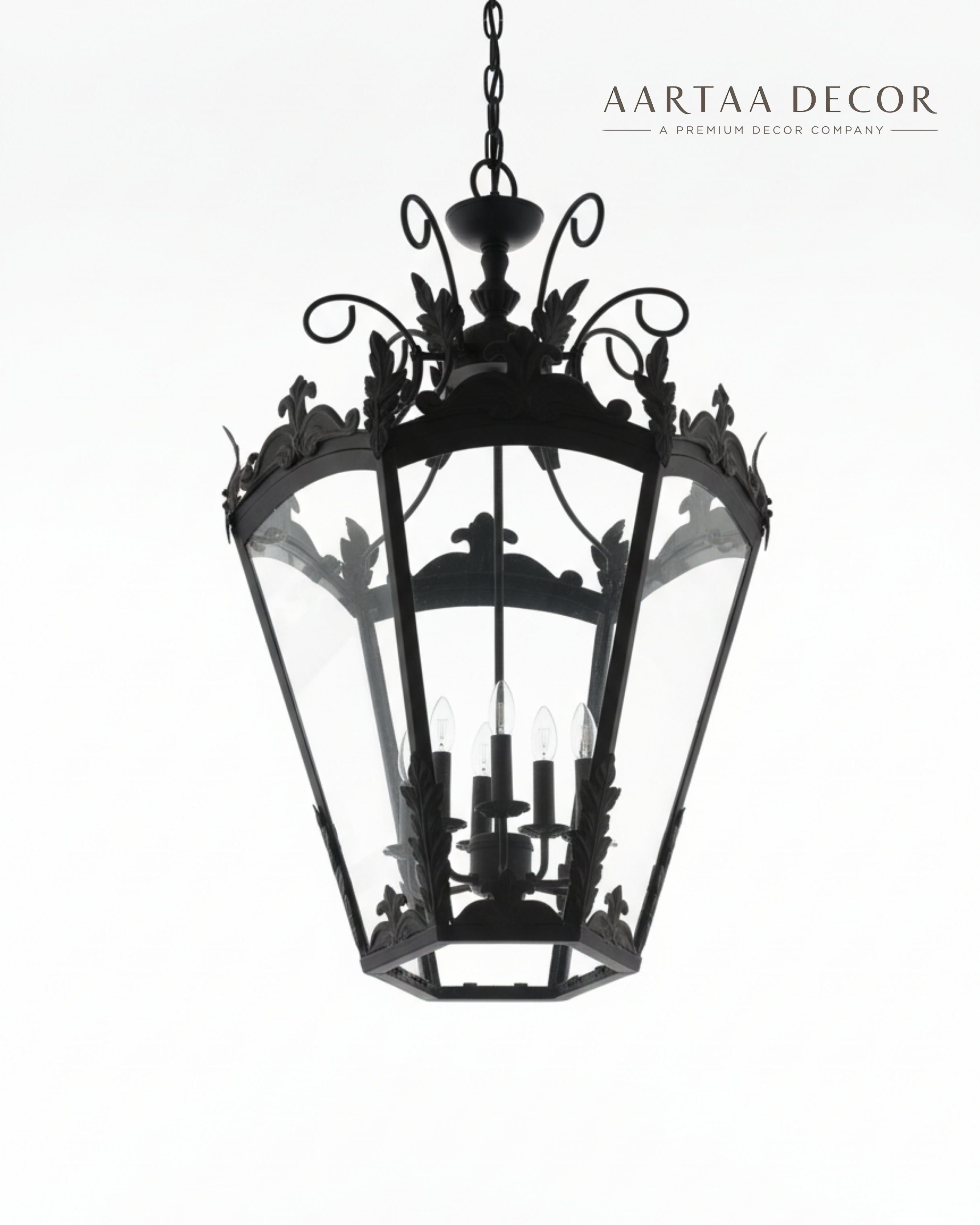 Decorative black lantern with intricate designs on a white background, featuring the brand 'Aartaa Decor'.