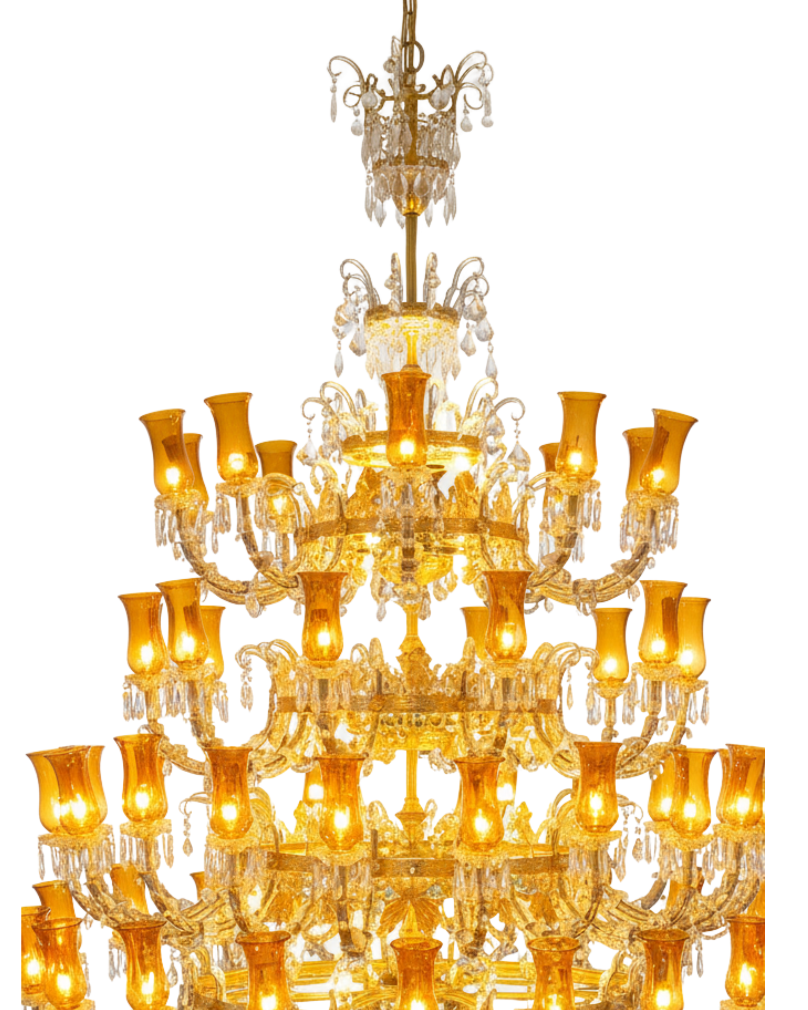 Gold chandelier with multiple lights on a white background