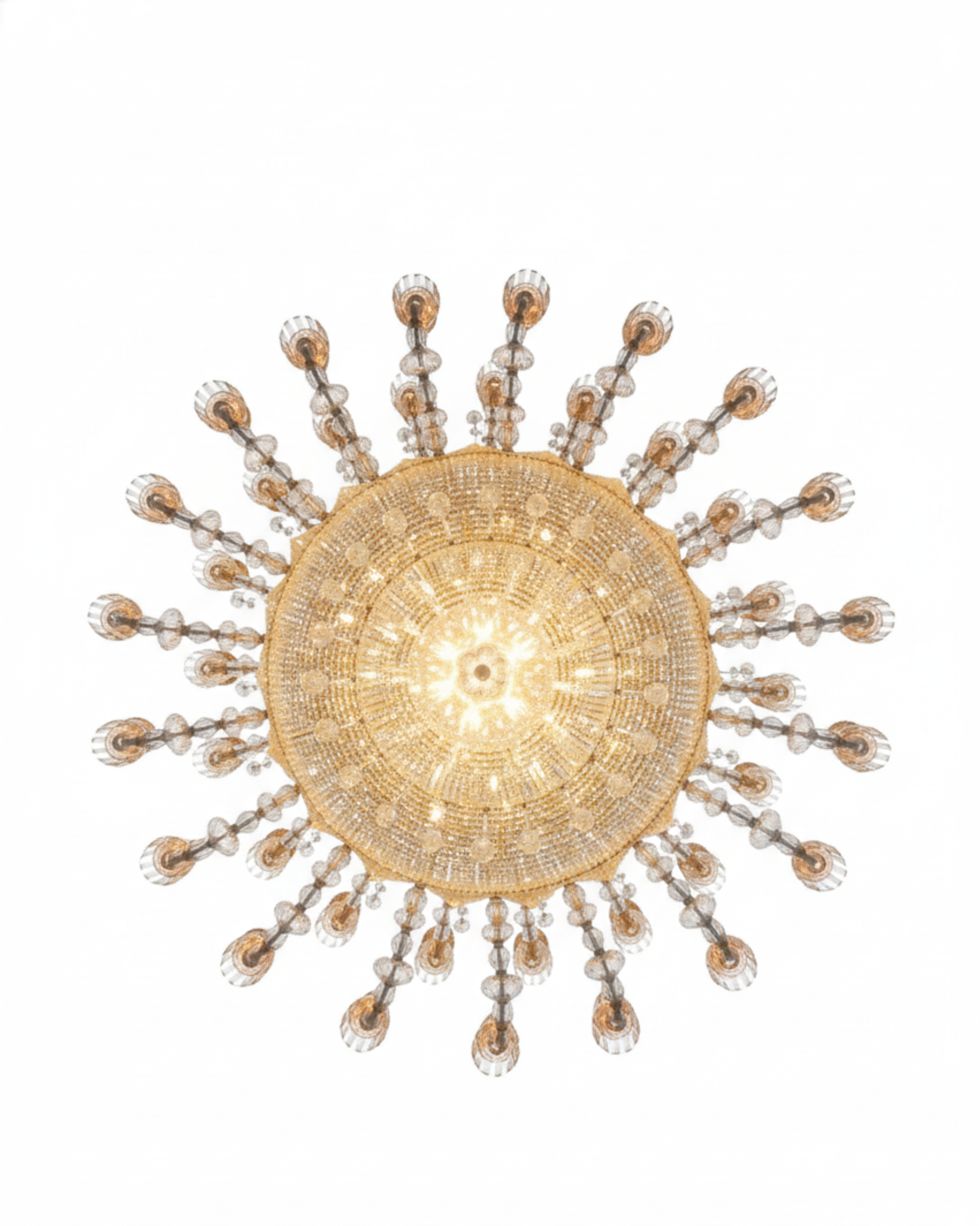Decorative ceiling light fixture with gold and crystal design on a white background