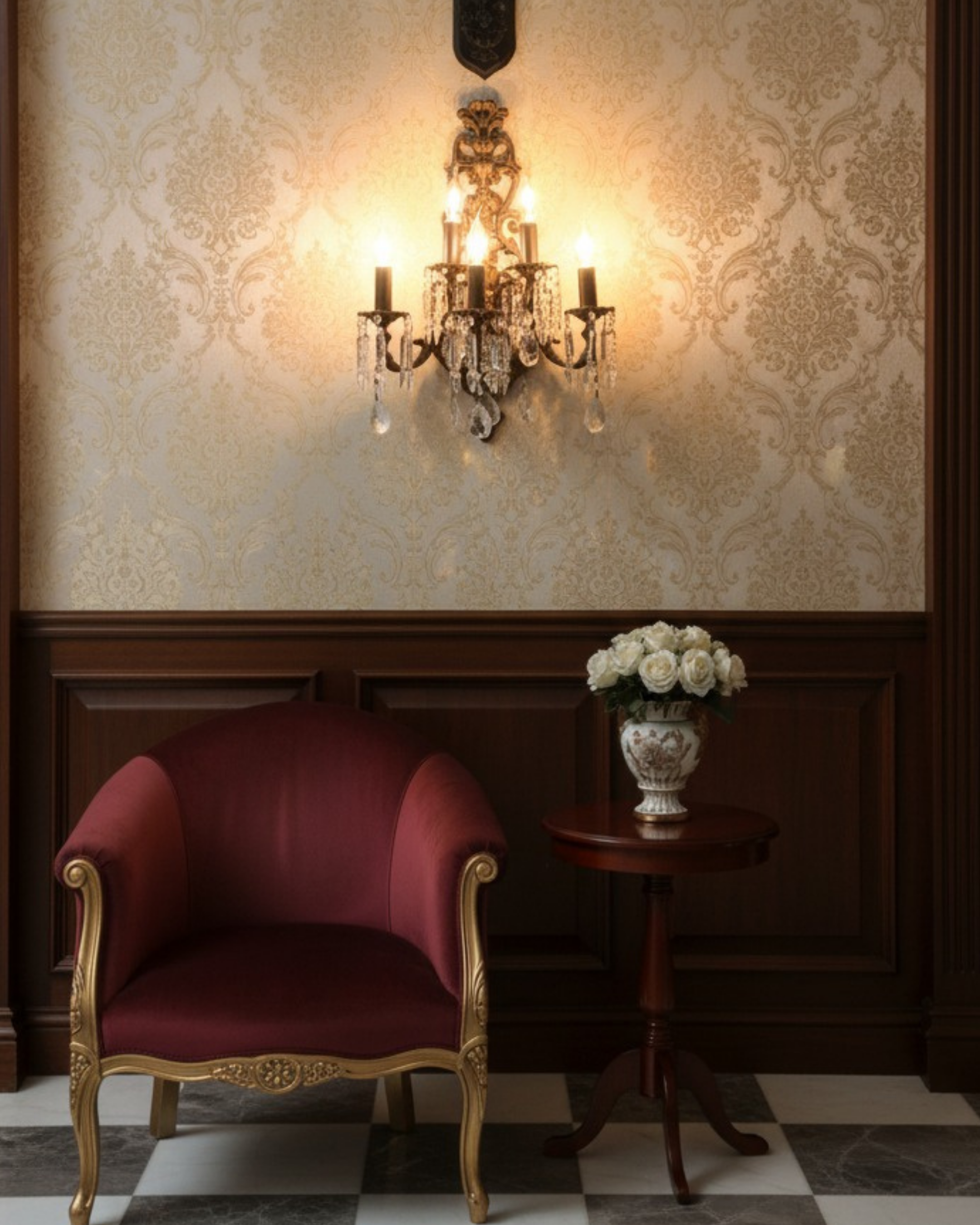 Luxury vintage crystal wall light with antique finish, warm ambient glow, styled in classic living room interior – Aartaa Decor