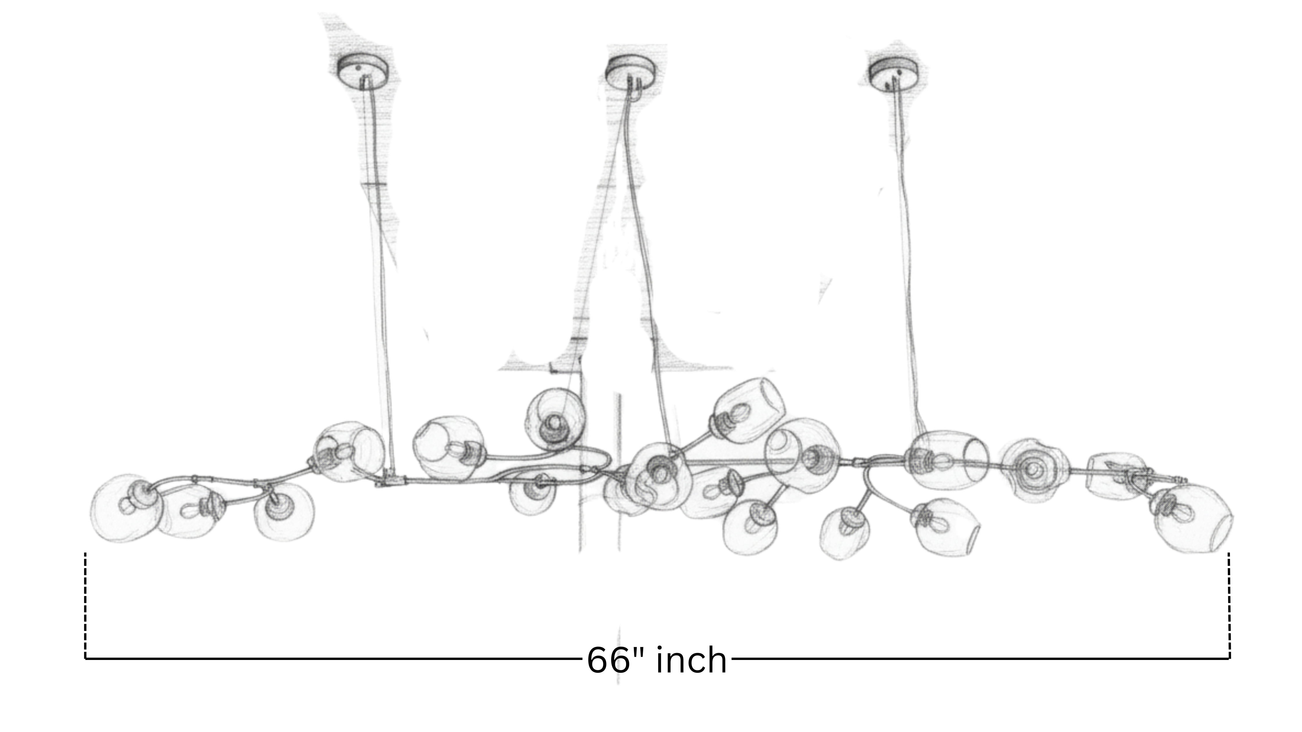 Technical sketch of Aartaa Decor Golden Blossom Branch Chandelier showing 66-inch width, organic branch design with multiple glass light shades.