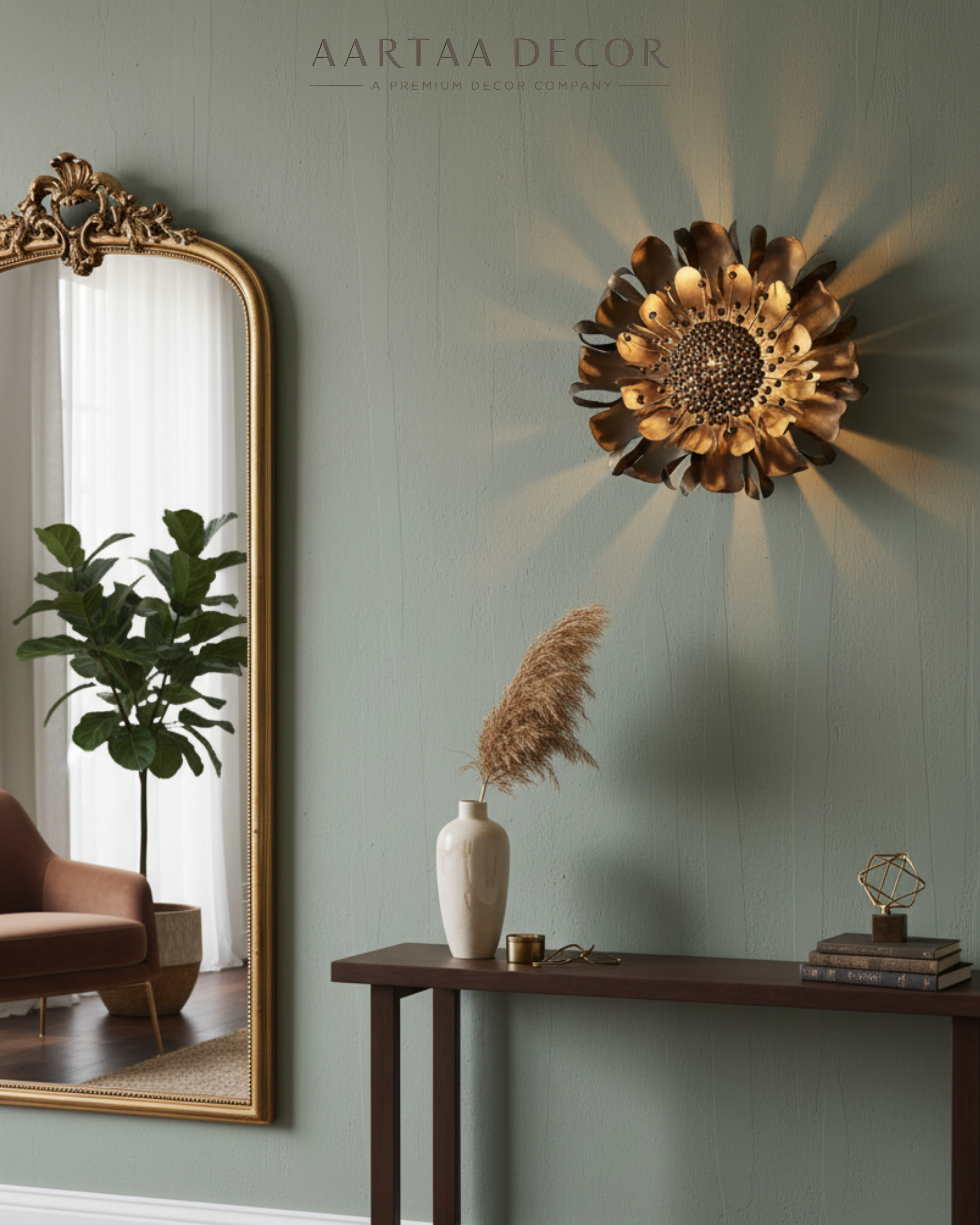 Golden Bloom Brass Wall Light styled in modern living room interior – Aartaa Decor India