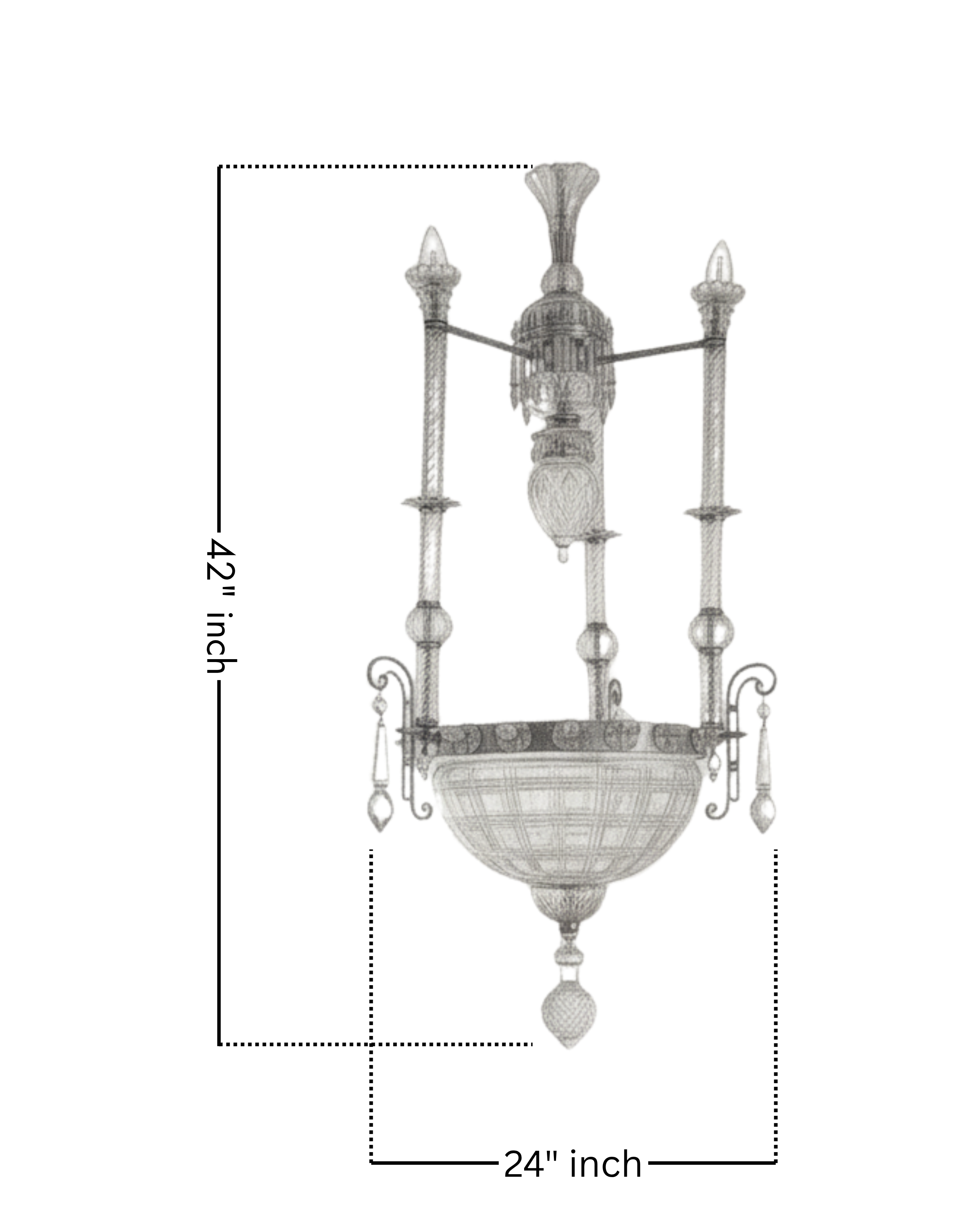 Decorative chandelier with dimensions on a white background