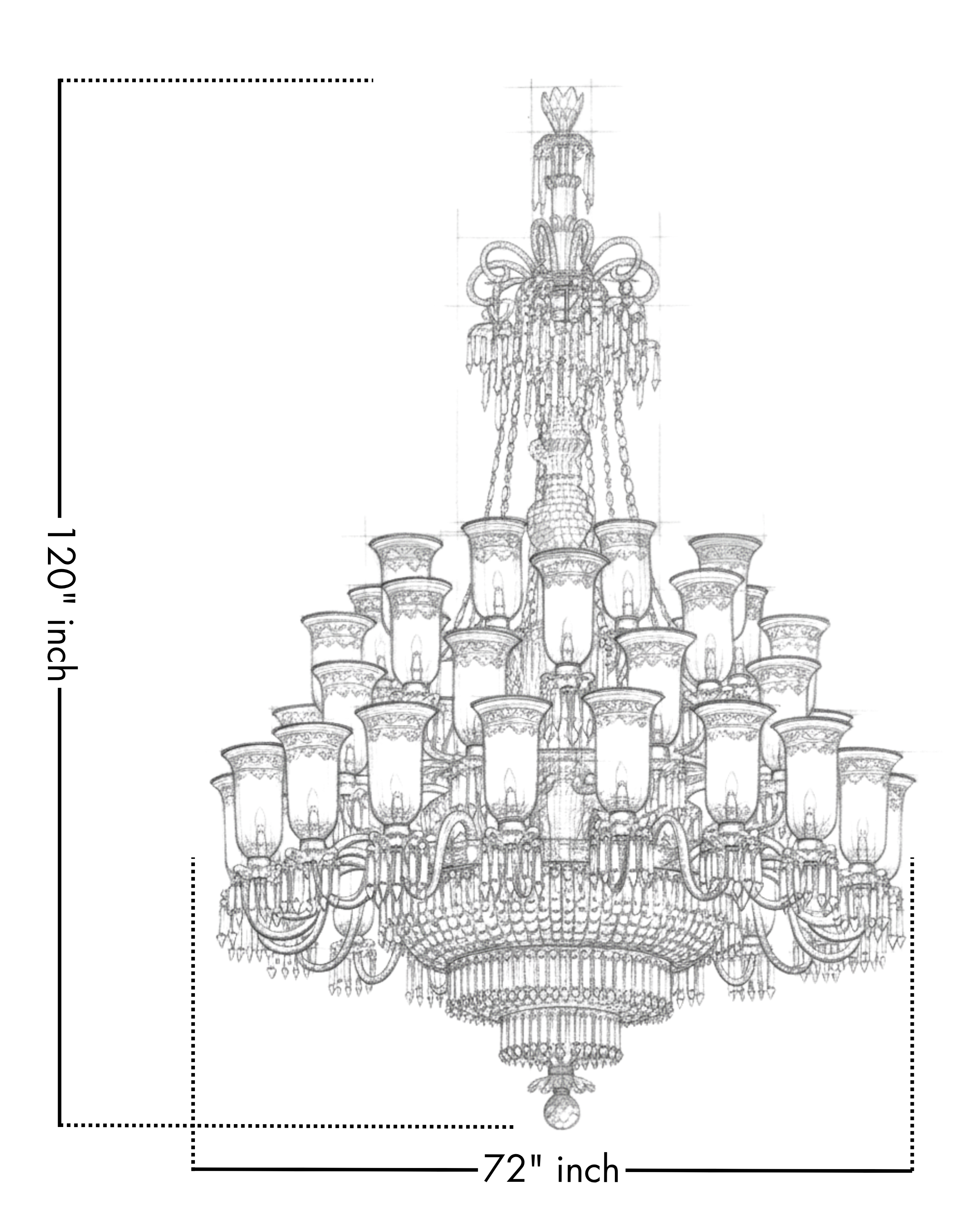 Line drawing of a large chandelier with dimensions indicated.