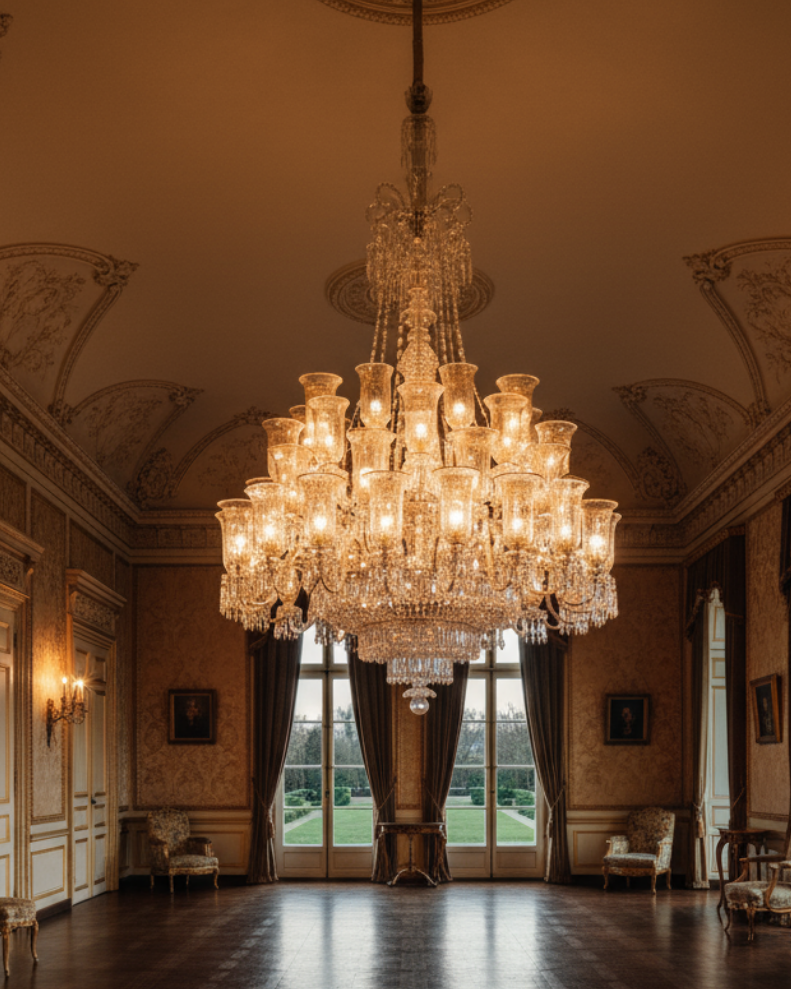 Grand chandelier hanging in an opulent room with classical architecture