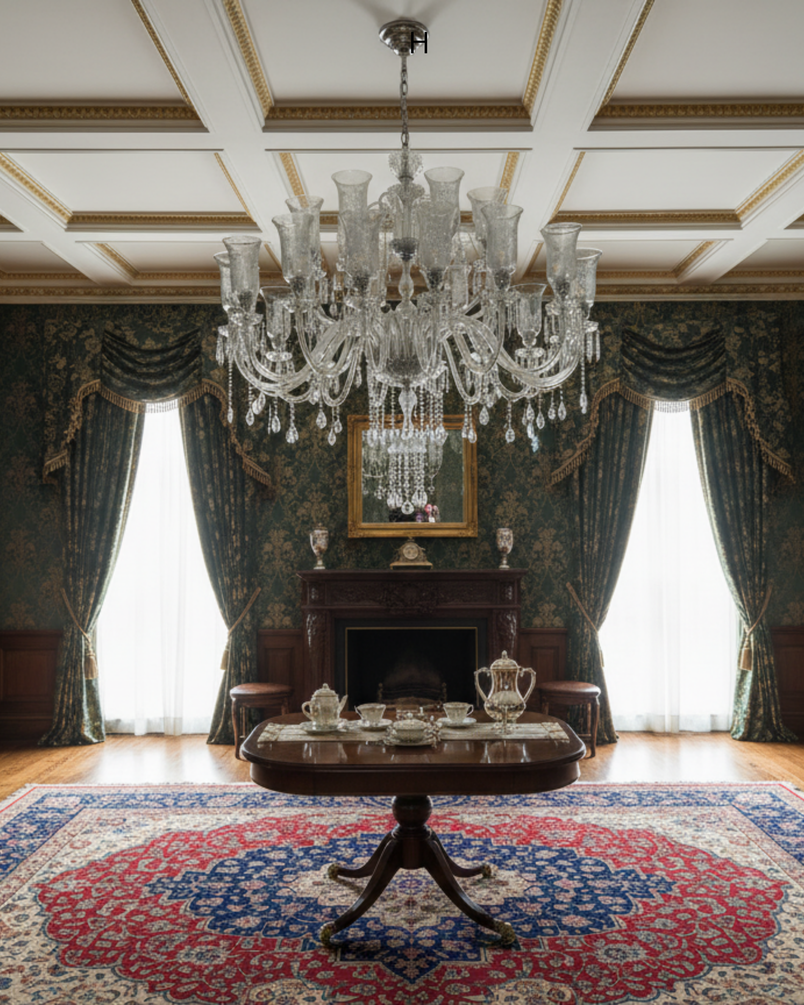 Opulent room with a grand chandelier, ornate fireplace, and patterned rug.