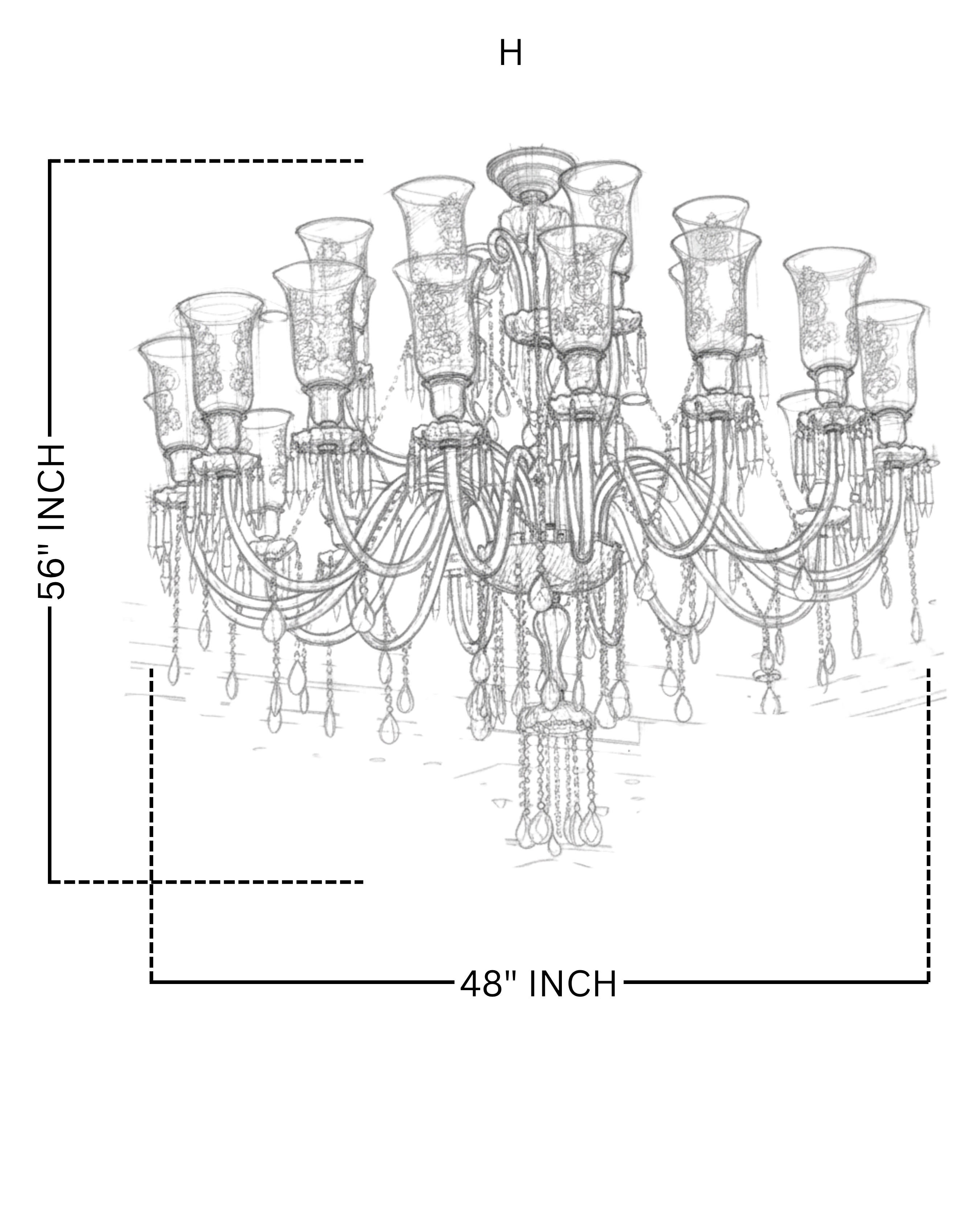 Line drawing of a chandelier with dimensions indicated