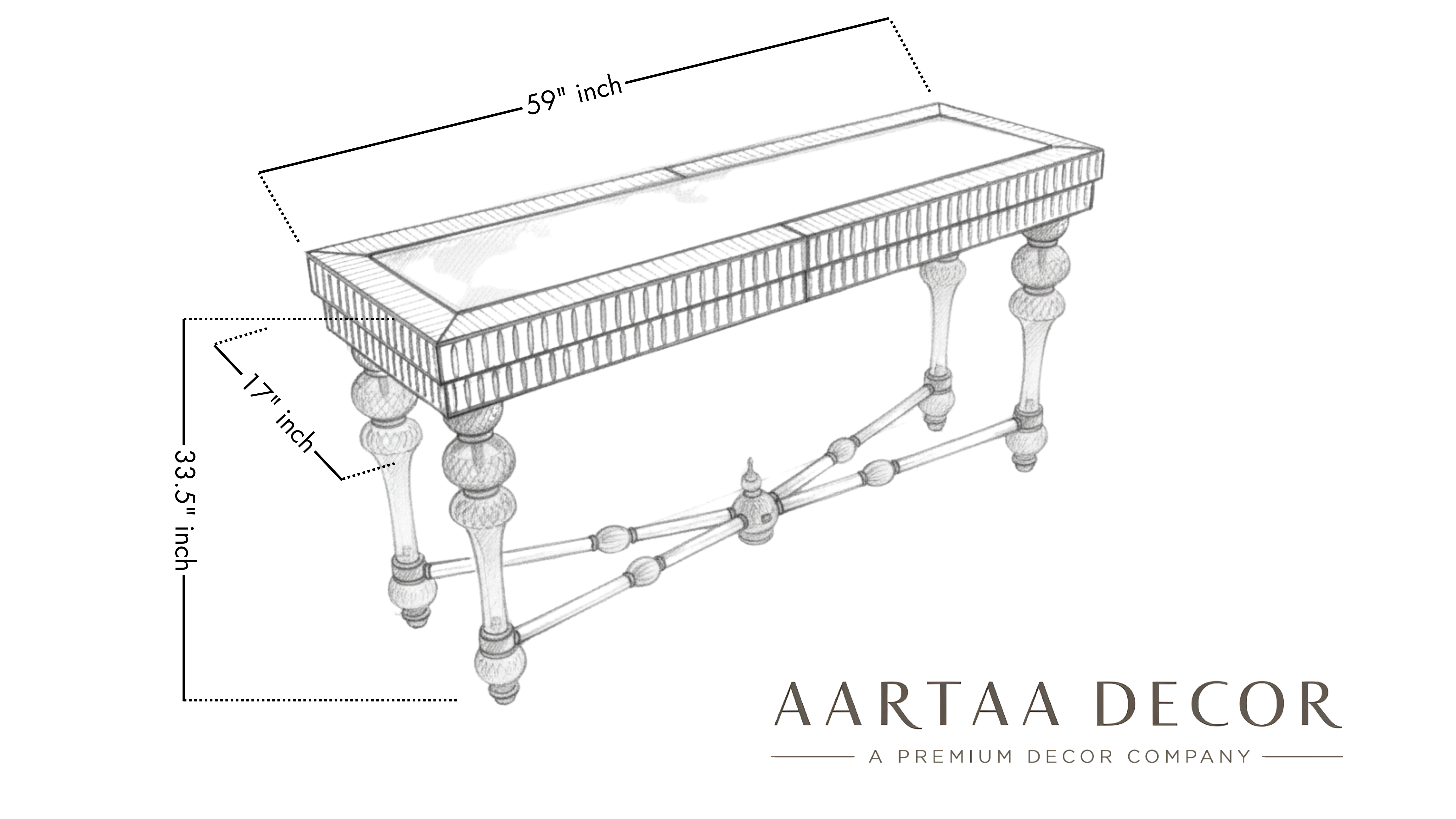 Line drawing of a decorative console table with dimensions and Aartaa Decor branding.