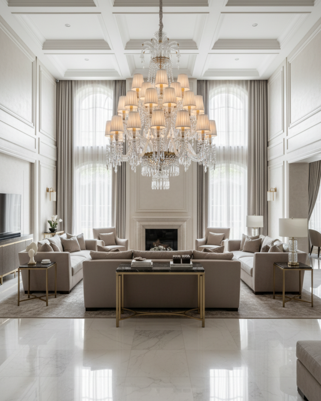 Luxurious living room with a large chandelier, beige sofas, and a fireplace. The Ivory Crown Grand Chandelier is a masterfully handcrafted luxury chandelier, created by AartaaDecor’s in-house artisans using solid brass and premium hand-cut crystal glass