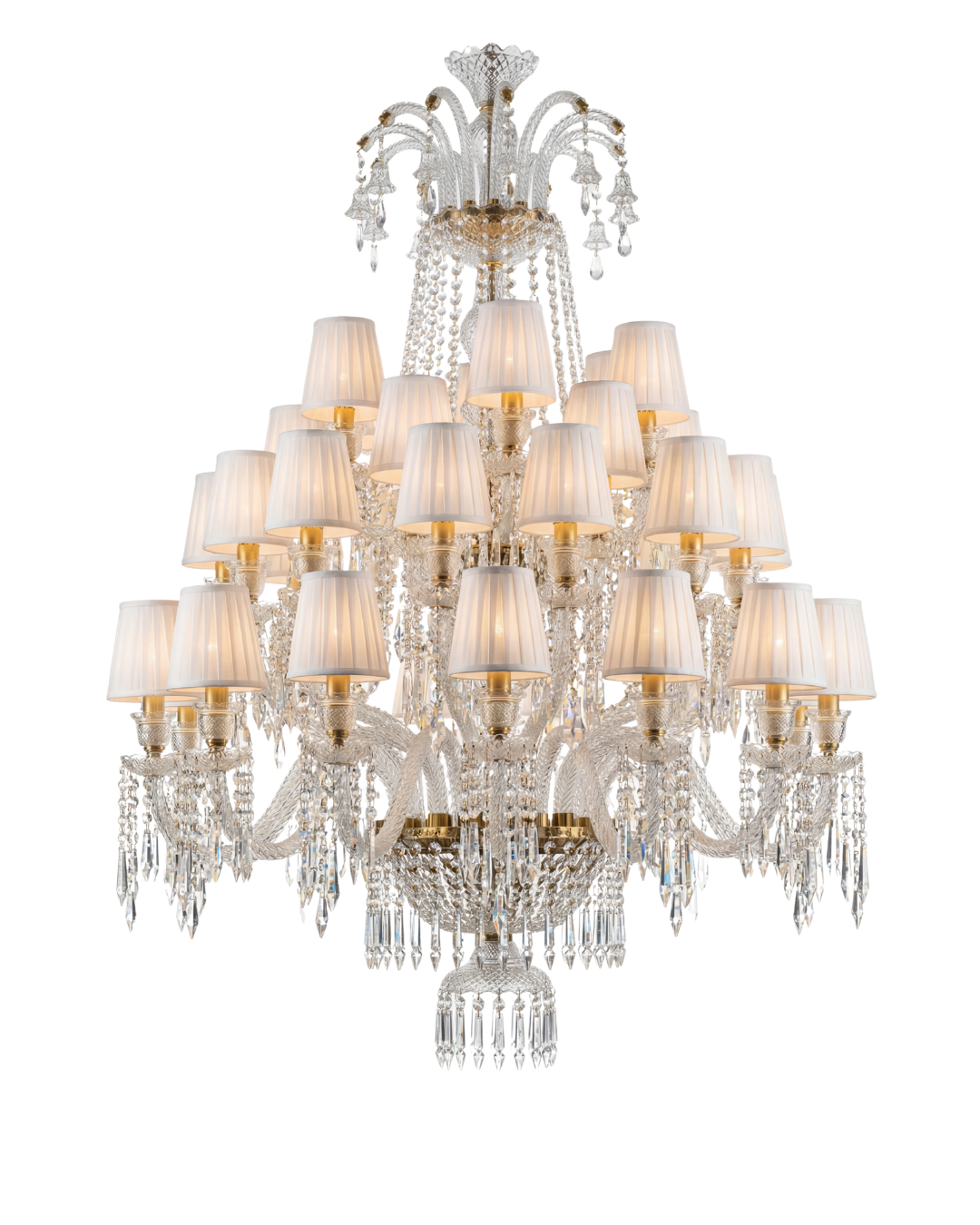 Elaborate chandelier with crystal accents and white lampshades on a white background The Ivory Crown Grand Chandelier is a masterfully handcrafted luxury chandelier, created by AartaaDecor’s in-house artisans using solid brass and premium hand-cut crystal glass