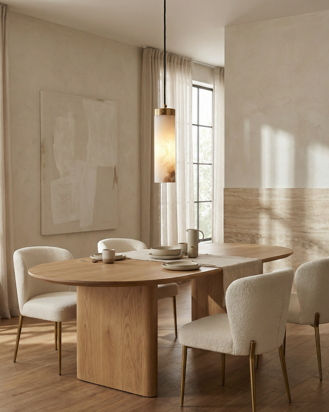 Dining room with wooden table and chairs in a well-lit room.
