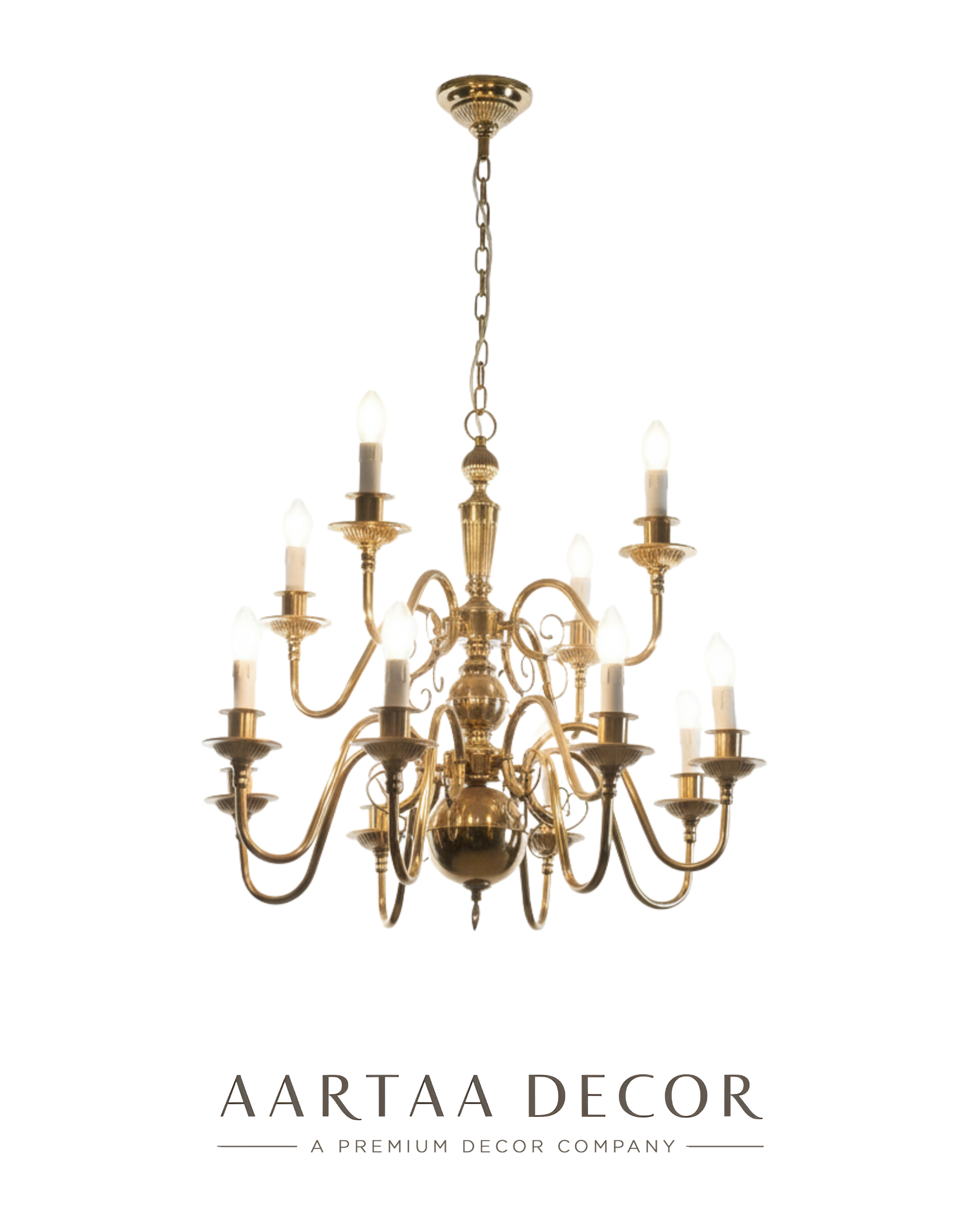 Gold chandelier with 'Aartaa Decor' branding on a white background