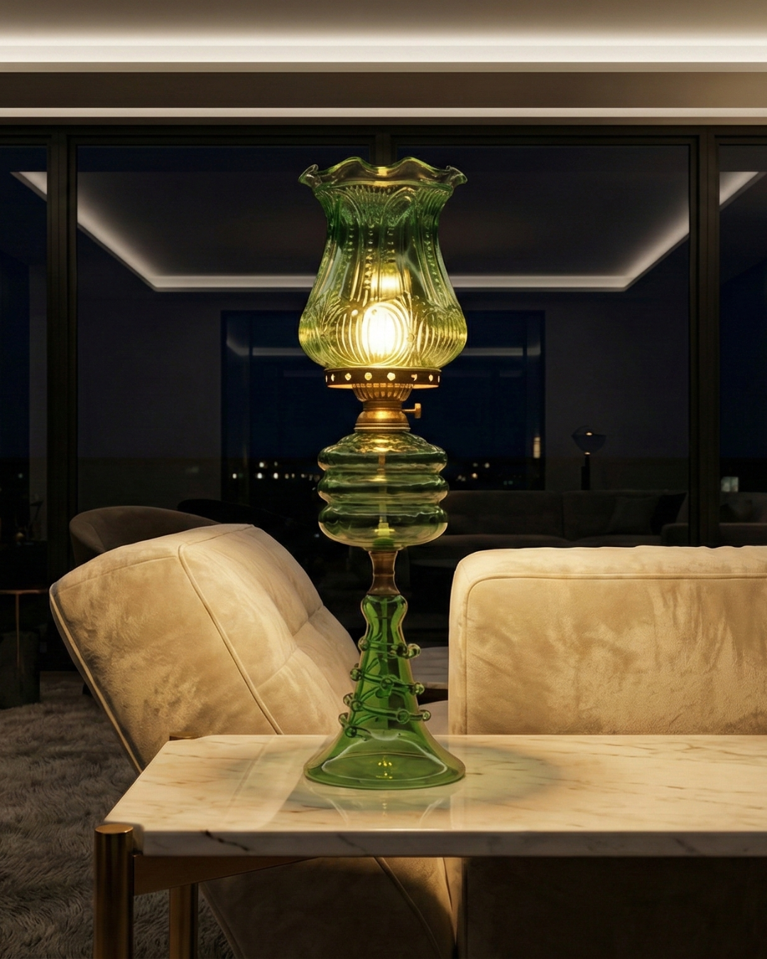 Green glass lamp on a table with a beige sofa and dark background