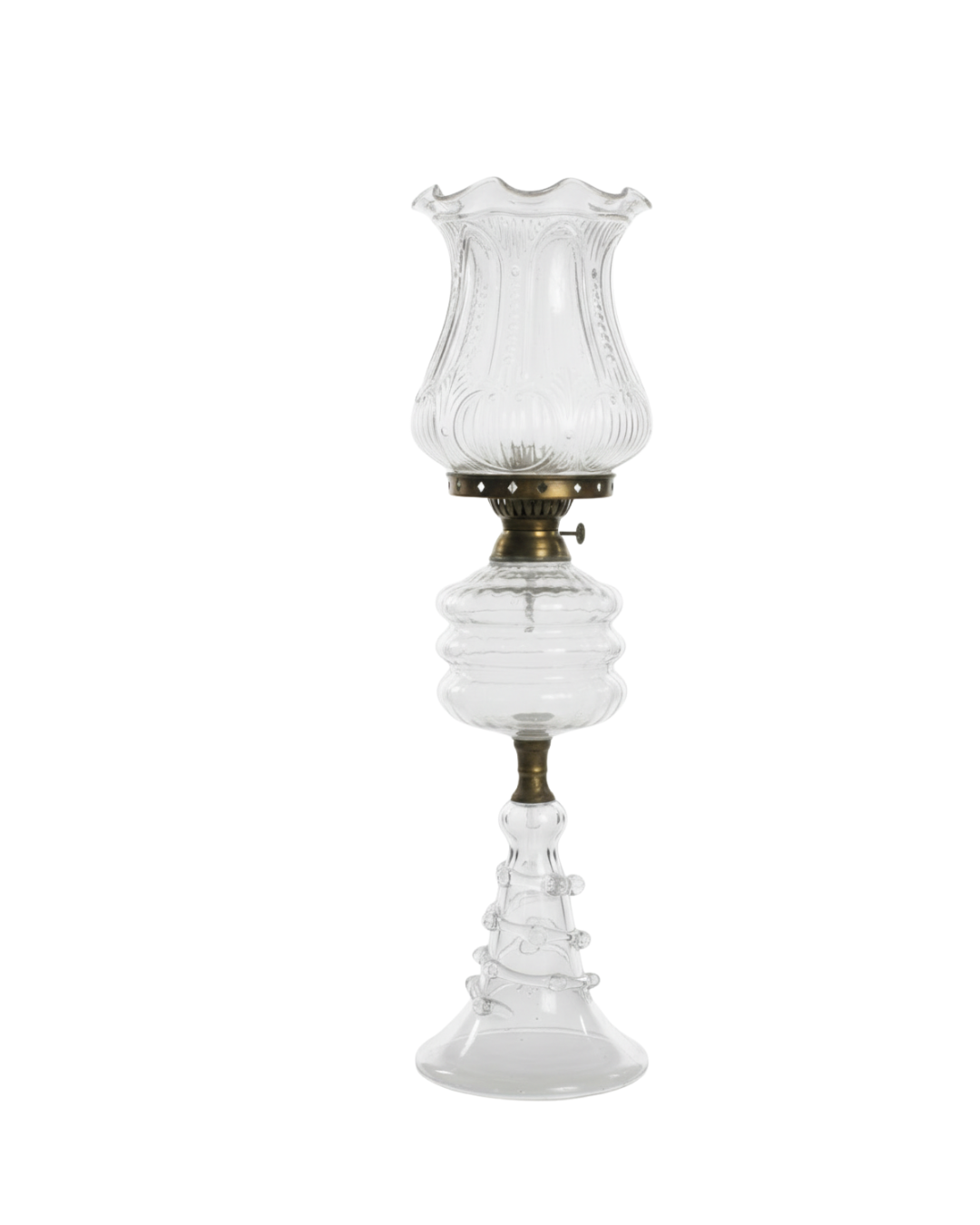 Vintage-style glass lamp with clear glass shade and brass base on a white background