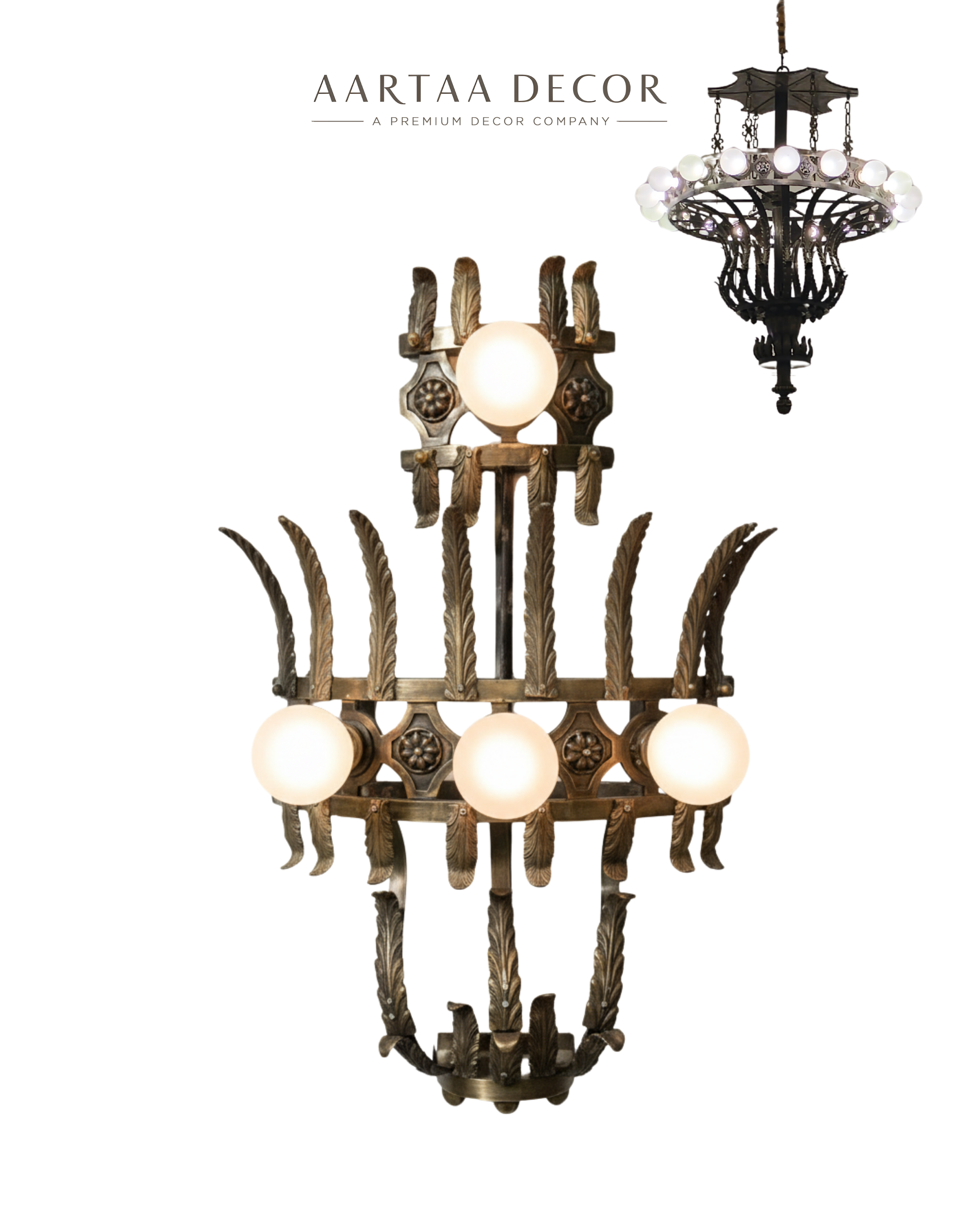 Decorative chandelier with intricate design on a white background, featuring the brand 'Aartaa Decor'.