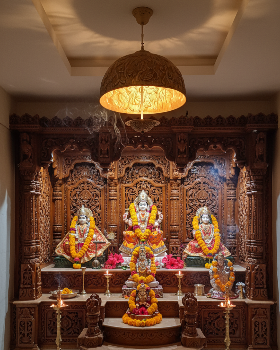 Decorative wooden altar with idols and floral arrangements, illuminated by a hanging lamp.