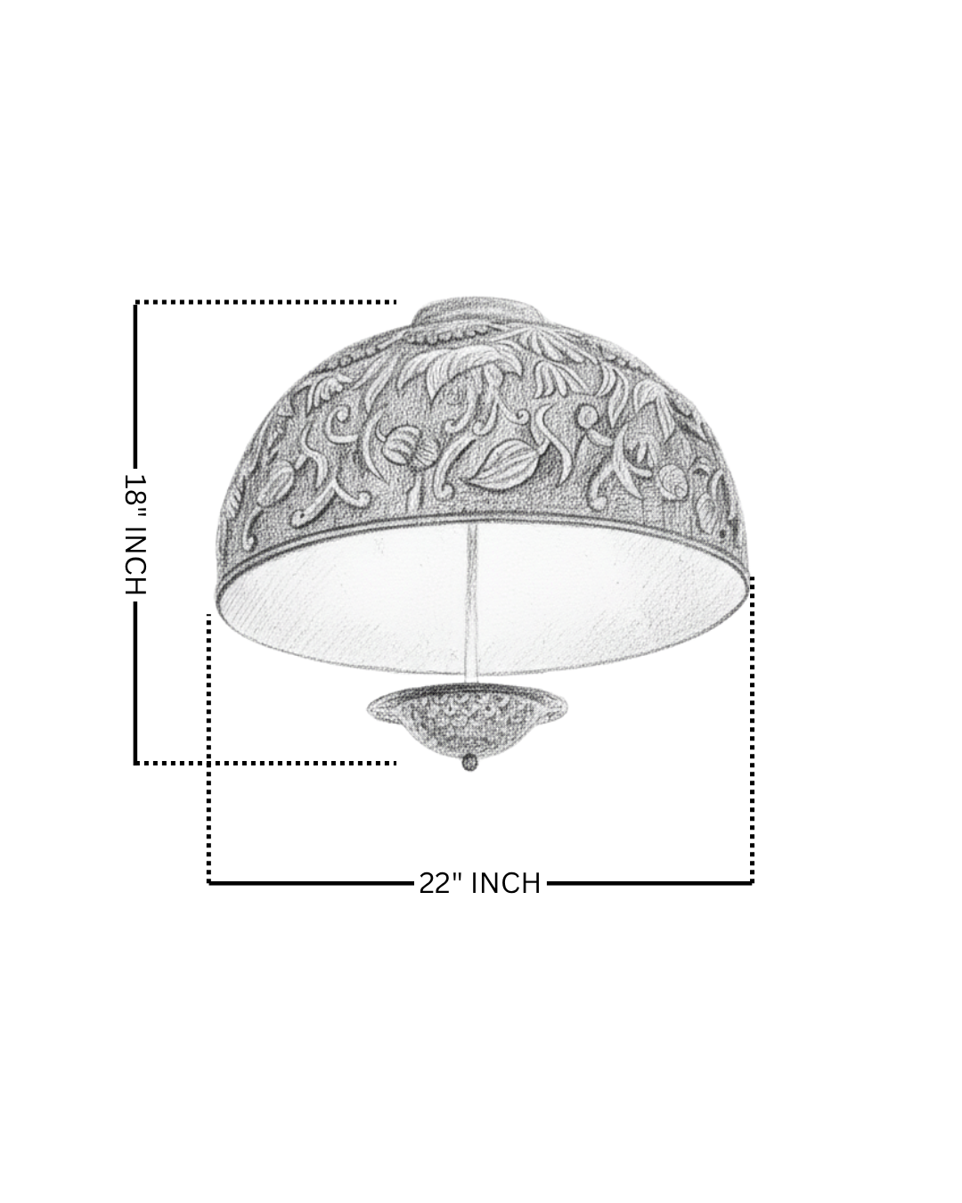 Decorative ceiling light fixture with dimensions on a white background