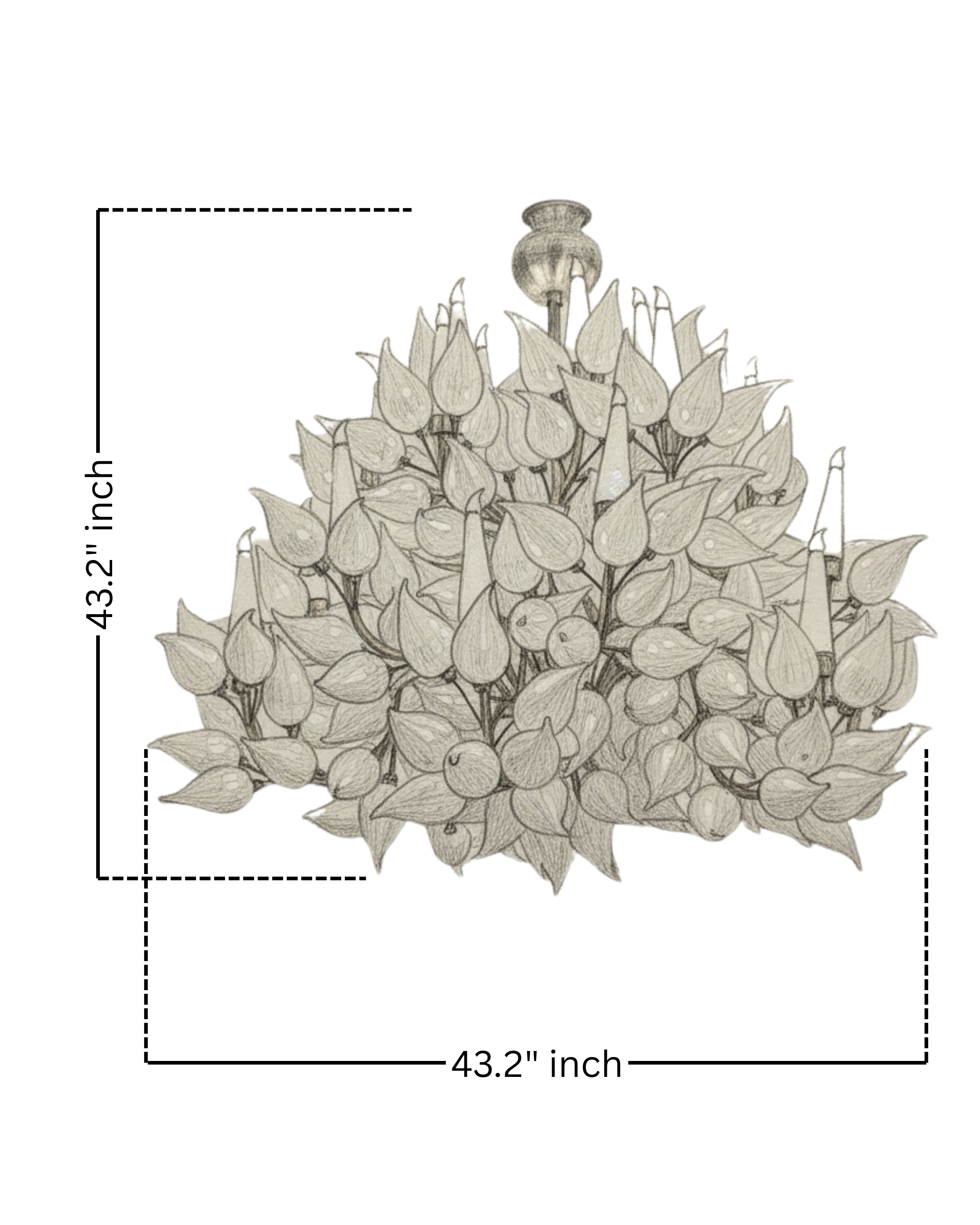Technical sketch of Radiant Petal Cascade Chandelier with 43.2 inch height and width dimensions.