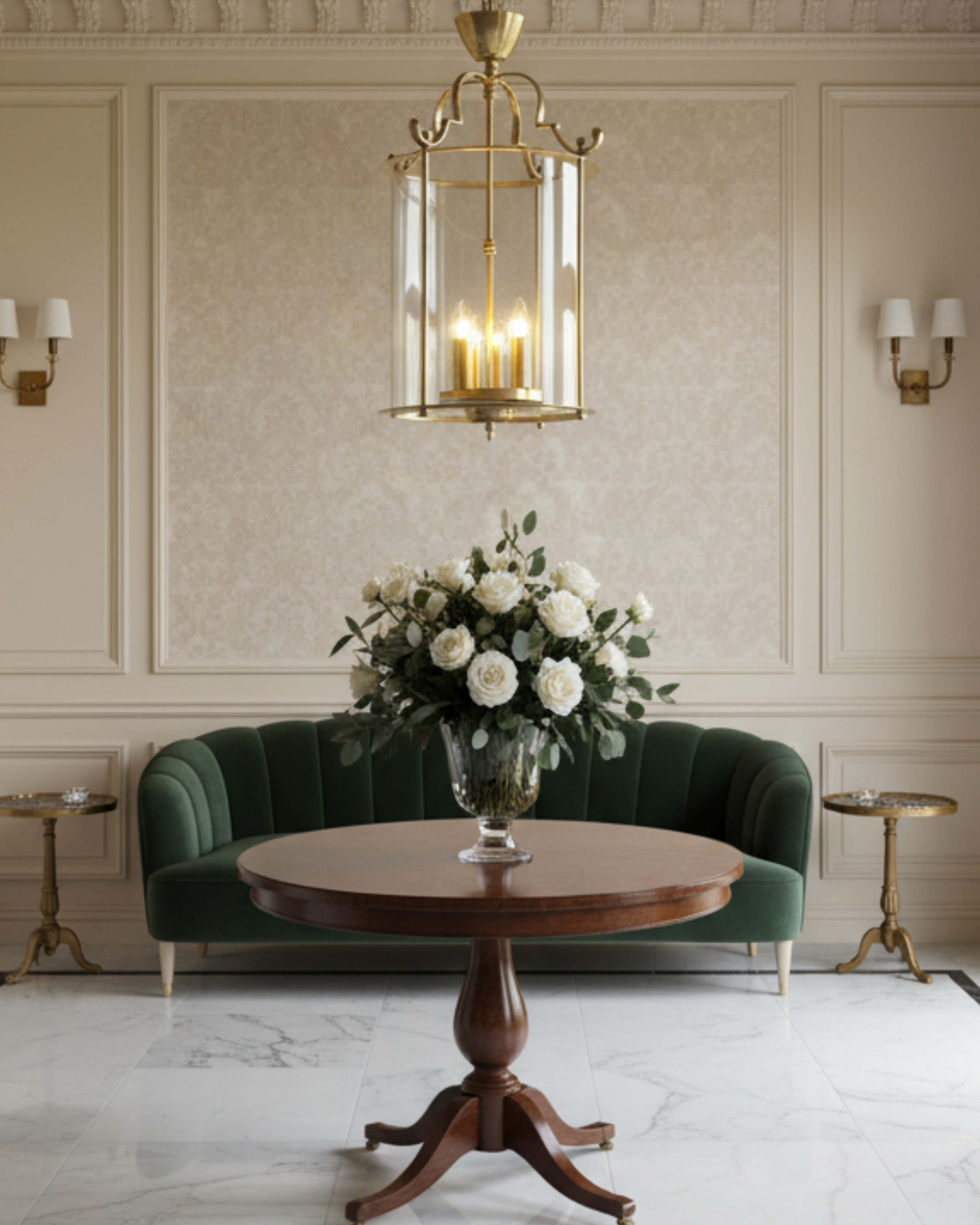 Rajvilas Heritage Brass Lantern Pendant Light styled in a luxurious living room with green velvet sofa, round wooden table, and floral arrangement – Aartaa Decor