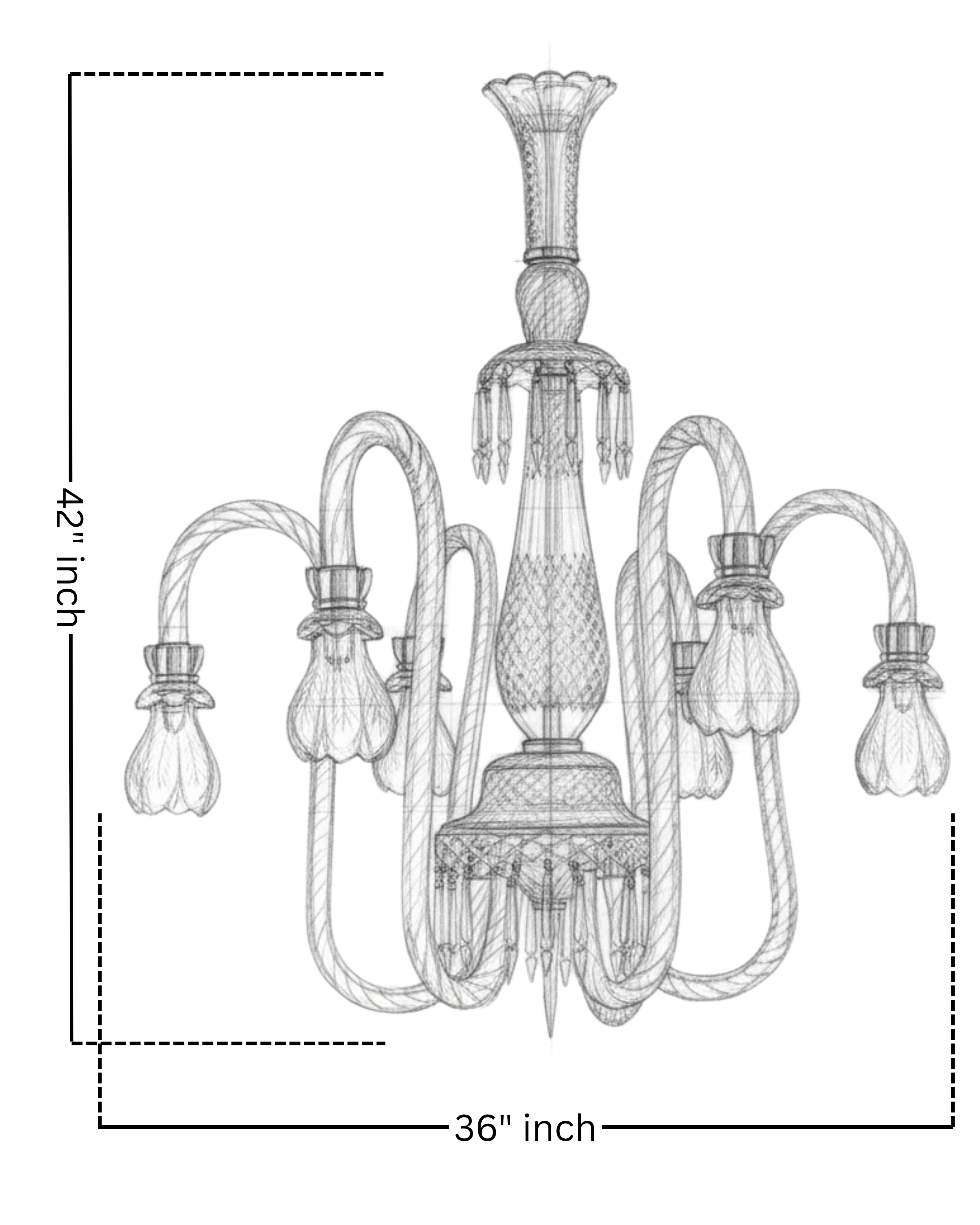 Line drawing of a chandelier with dimensions indicated