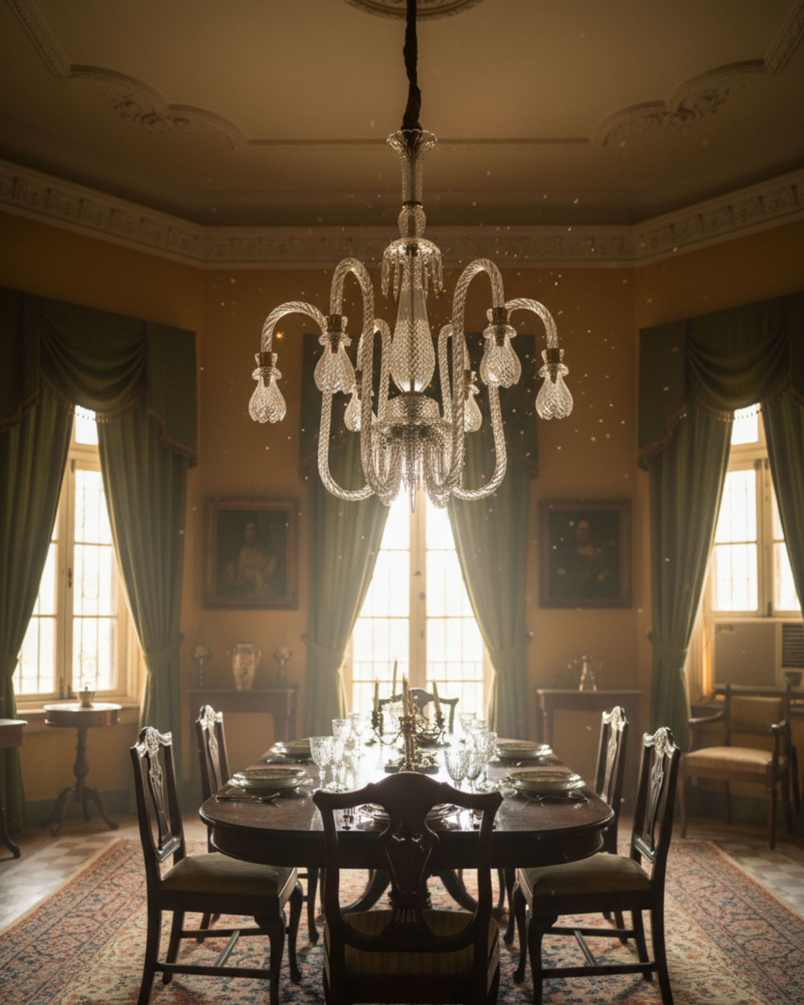Dining room with a chandelier, table, chairs, and large windows.