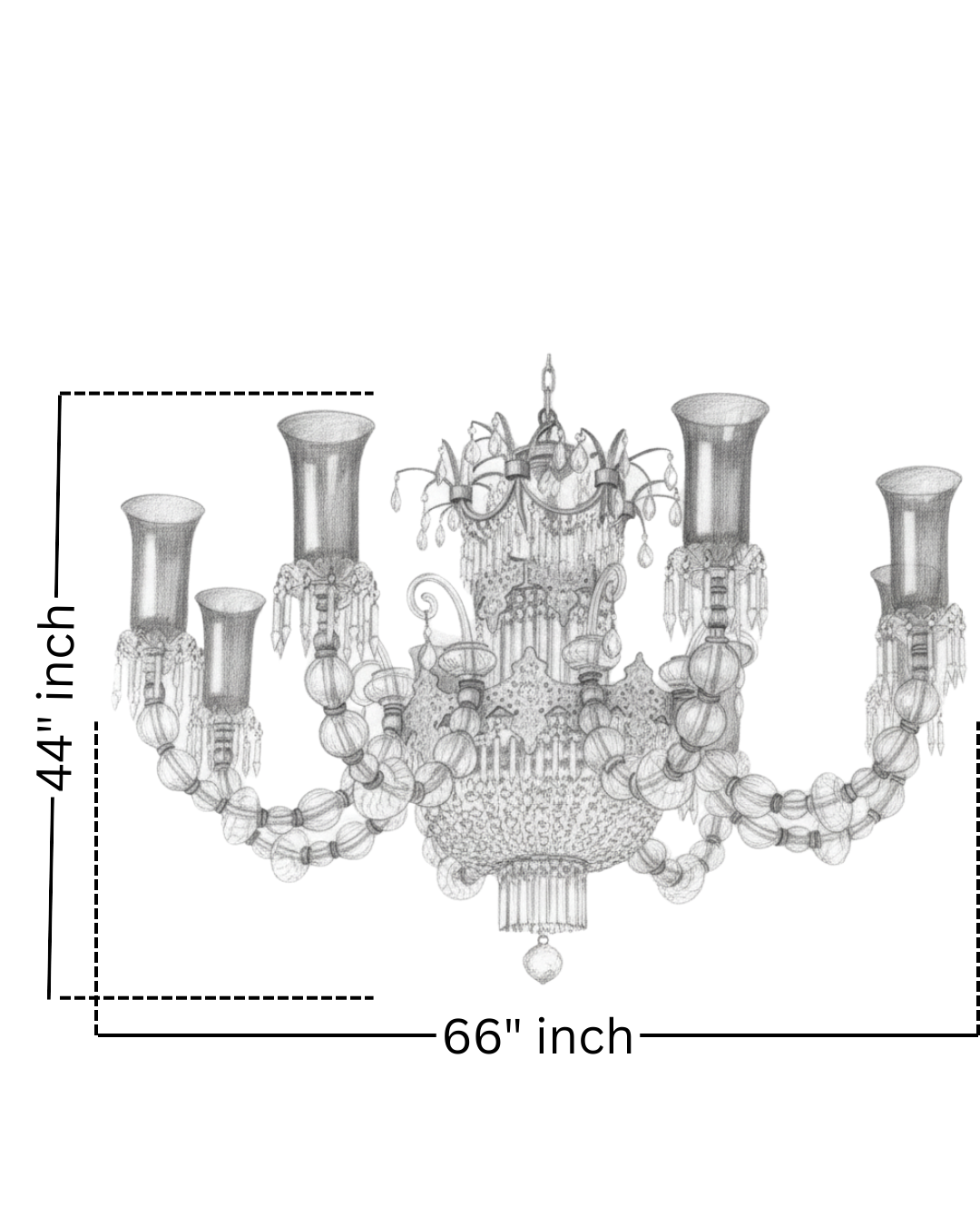 Technical drawing of Regalia Grand Crystal Chandelier showing 66-inch wide and 44-inch high proportions, ideal for grand foyers and high ceilings.