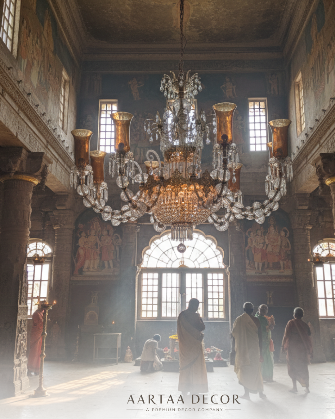Regalia Grand Crystal Chandelier installed in a heritage temple interior, creating a warm regal glow and enhancing the traditional architecture.
