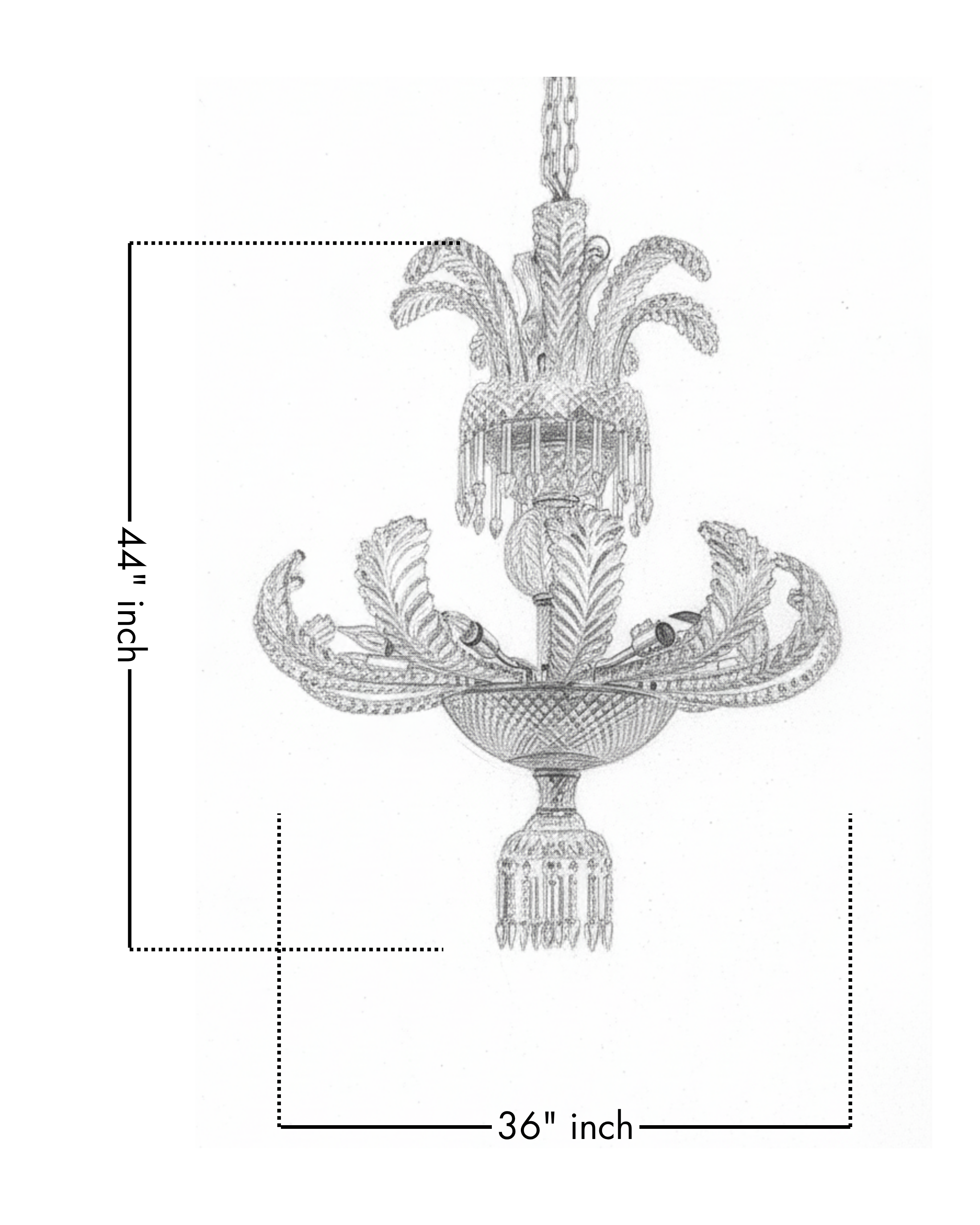 Decorative chandelier with dimensions on a white background