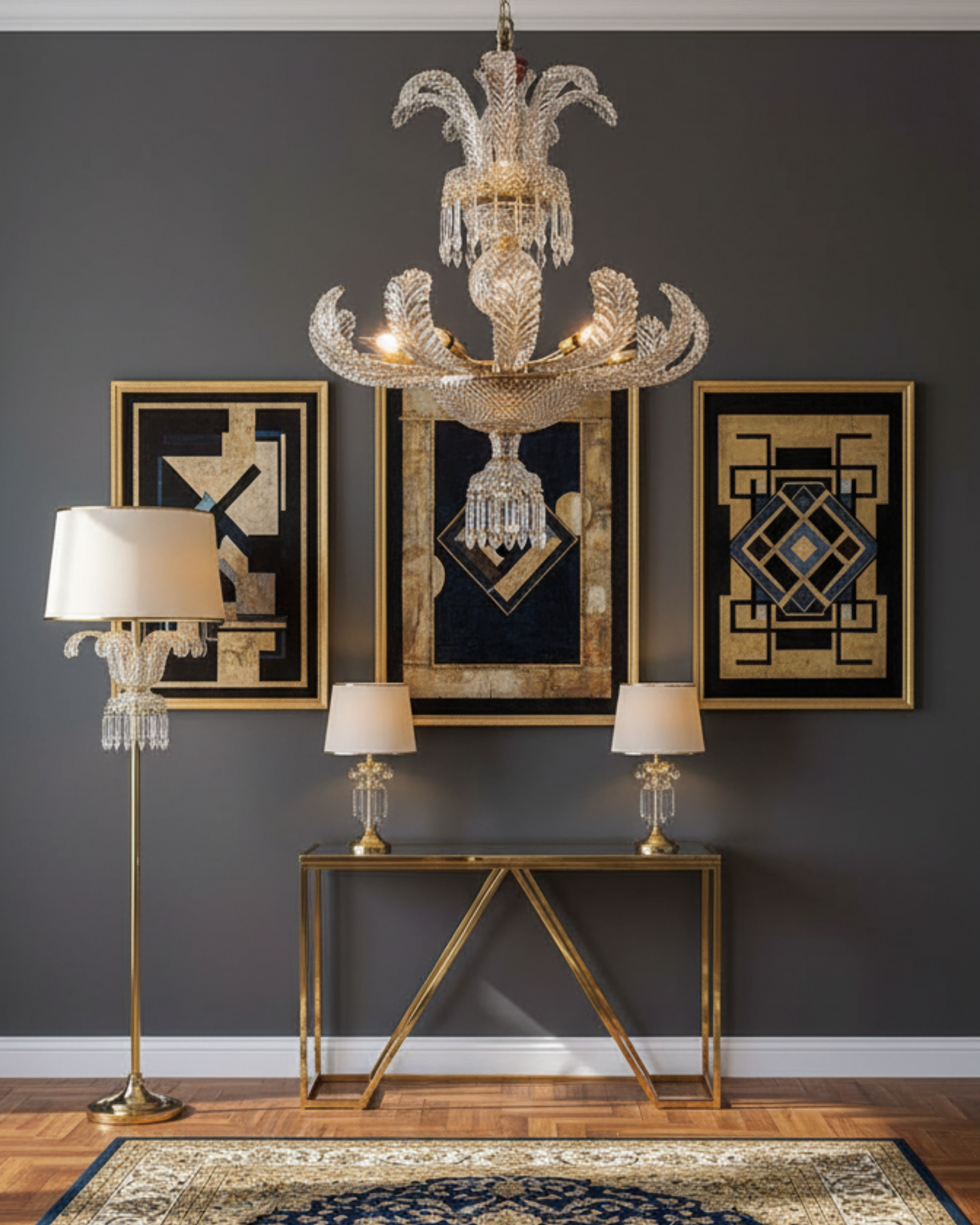 Decorative interior with a chandelier, wall art, and lamps against a dark gray wall.