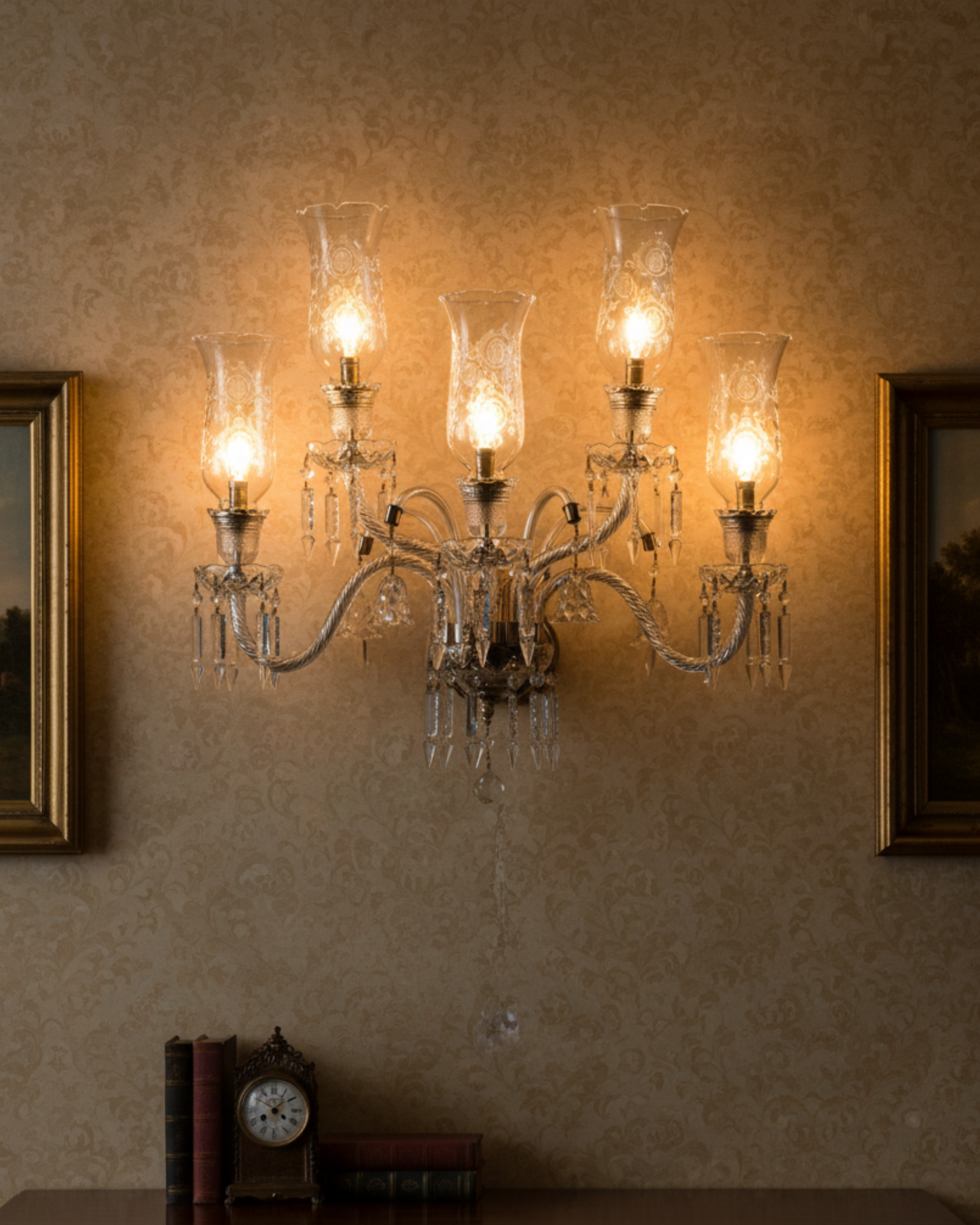 Wall-mounted chandelier with glass shades on a textured wall.