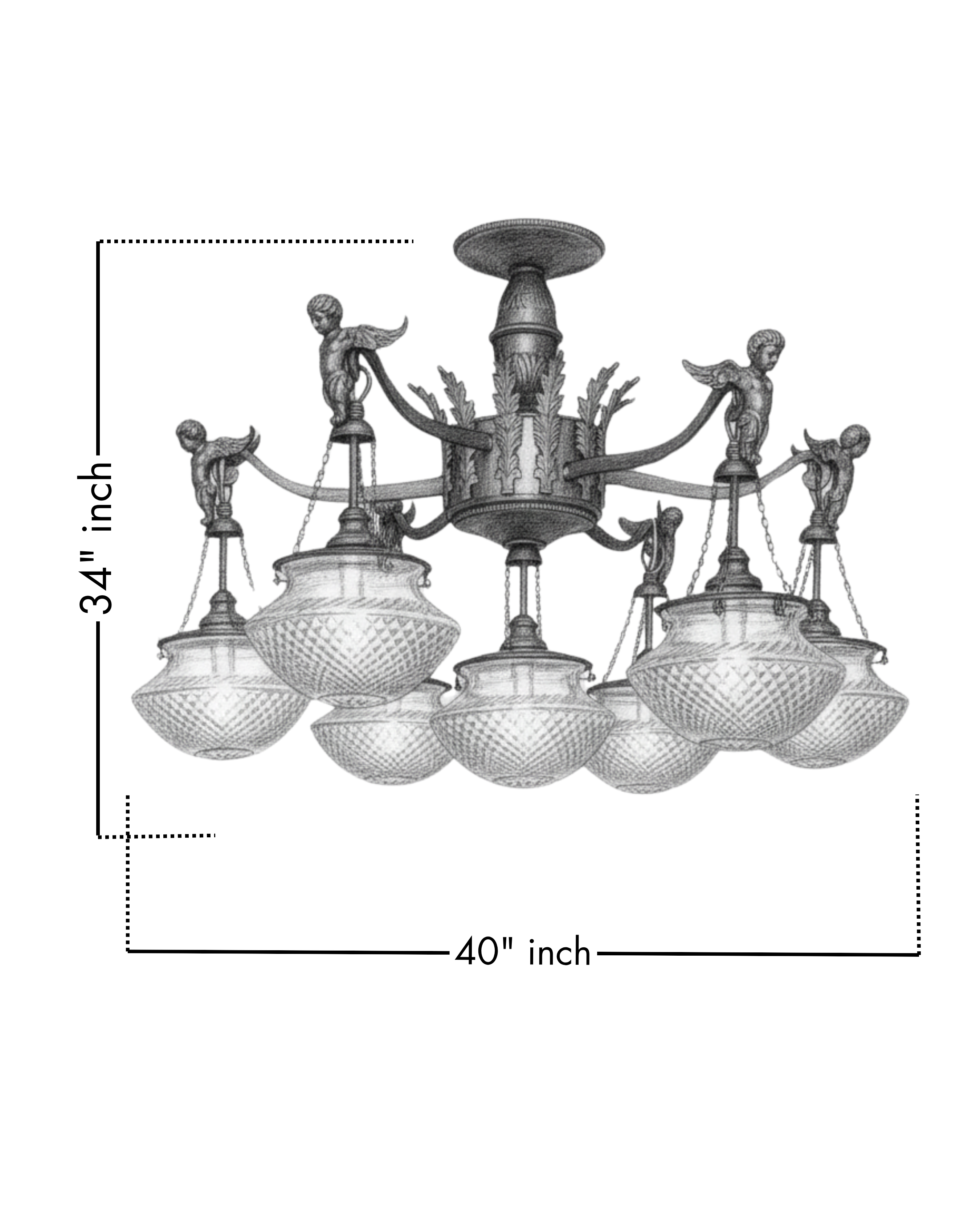 Vintage-style chandelier with dimensions on a white background