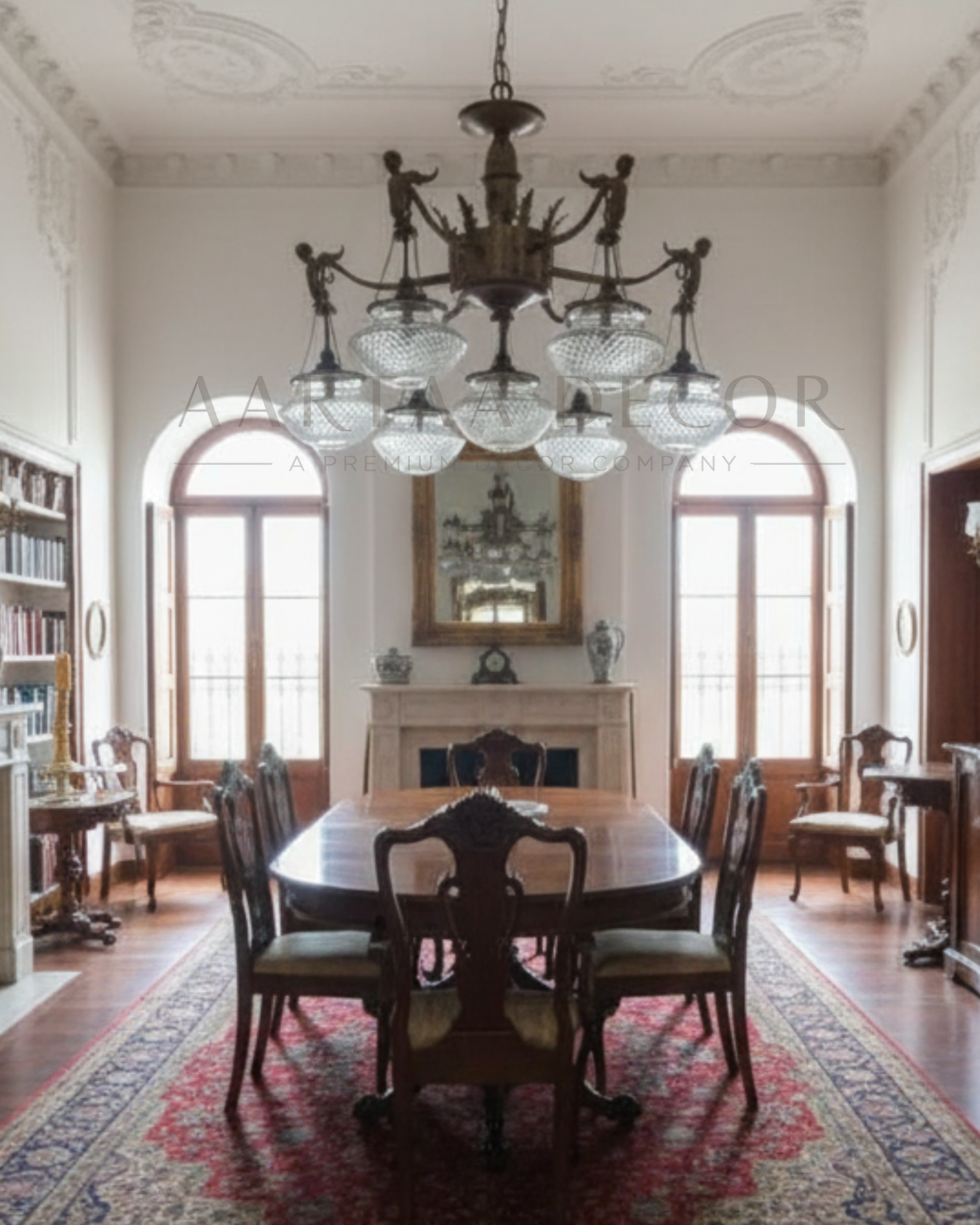 Dining room with wooden table and chairs, large chandelier, and decorative rug.