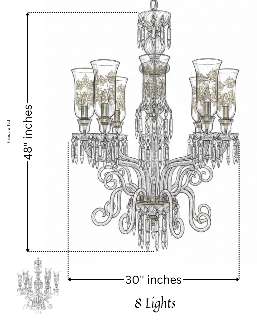 Chandelier with dimensions labeled on a white background