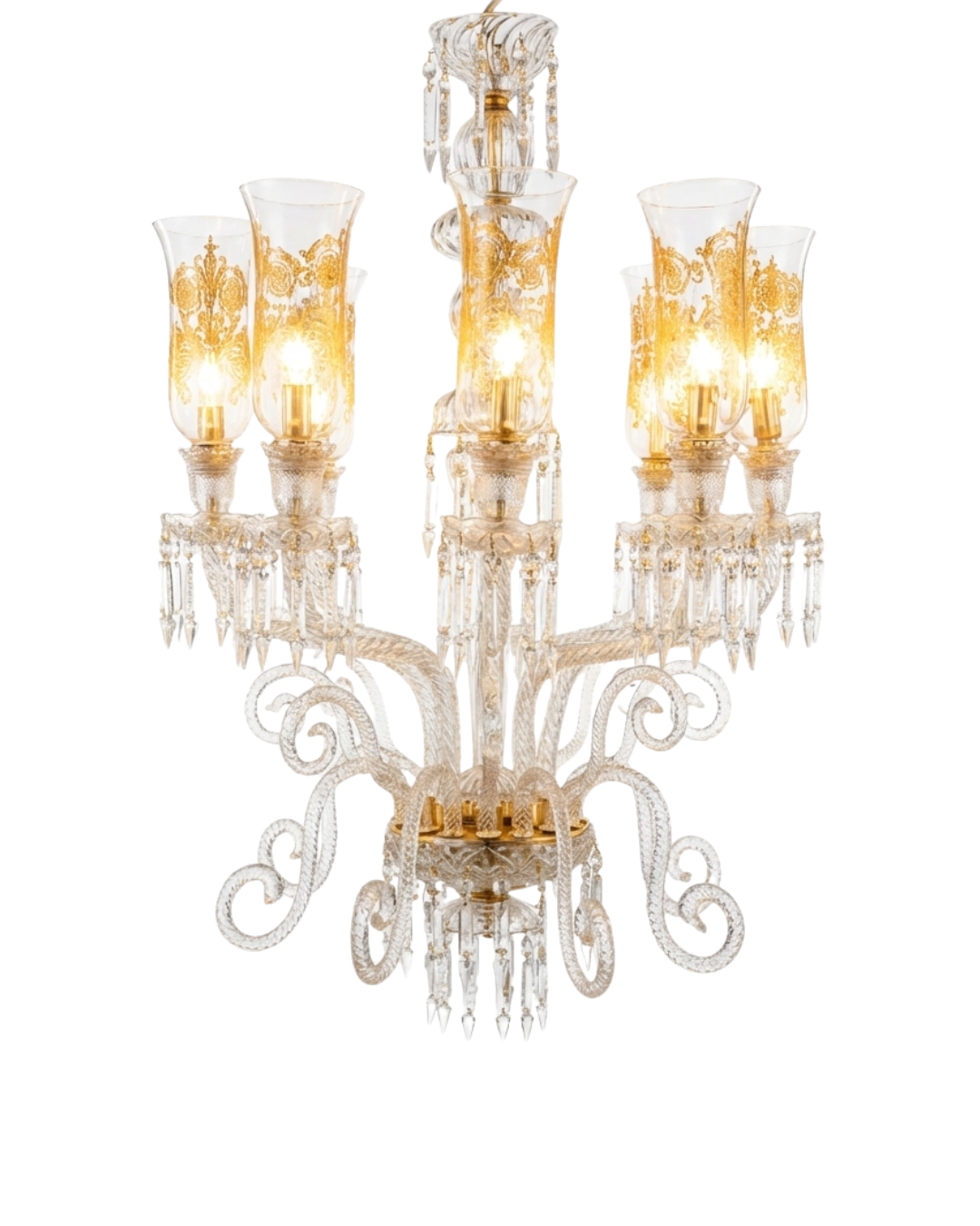 Decorative chandelier with clear glass shades and gold accents on a white background