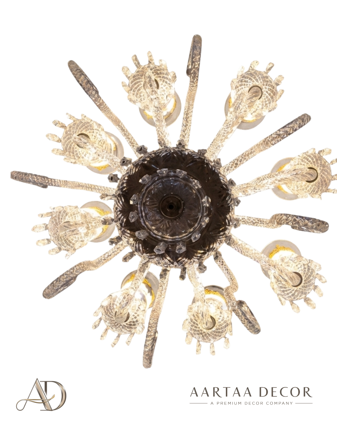 Decorative ceiling light fixture with intricate design on a white background, branded with Aartaa Decor.