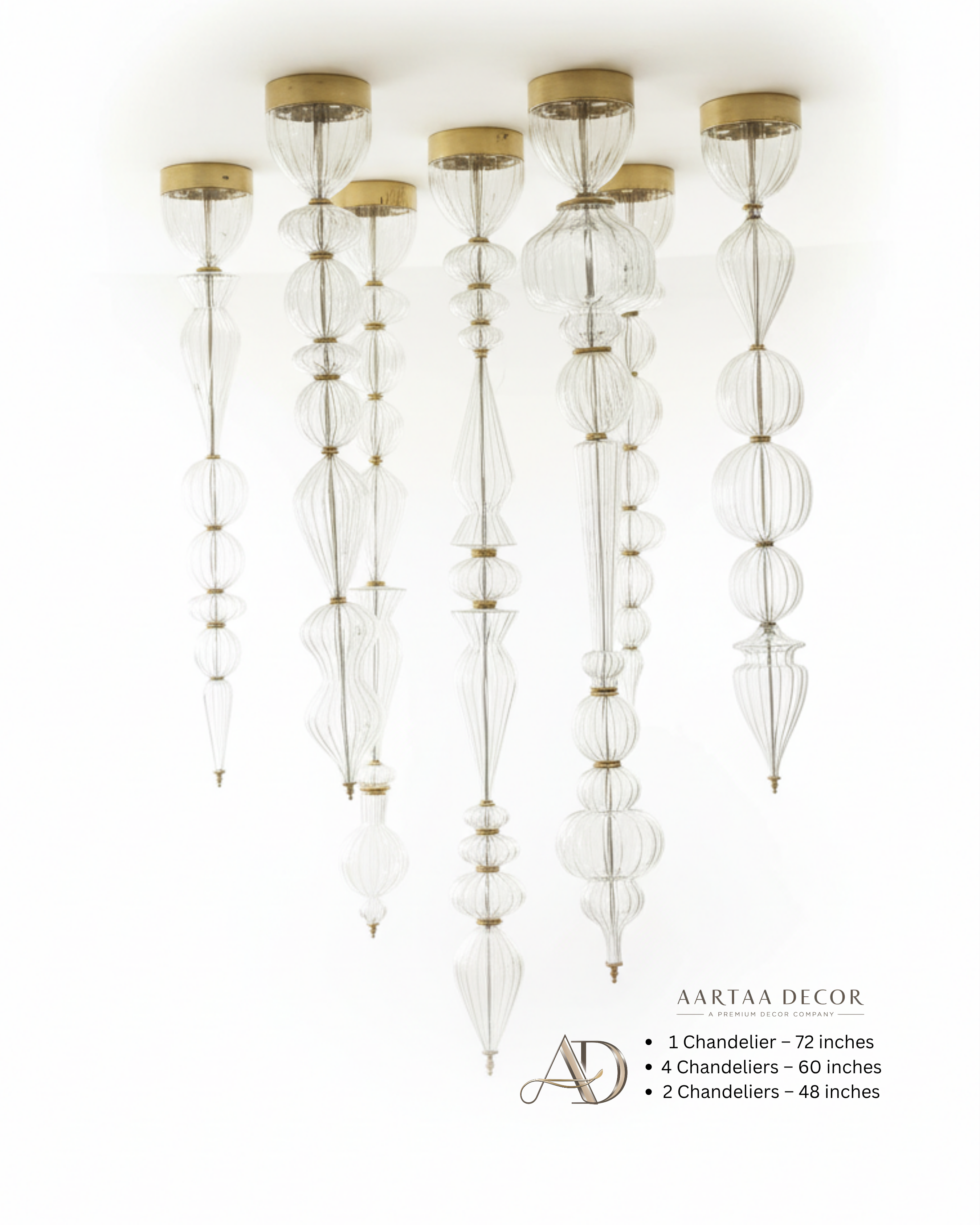 Decorative ceiling lights with glass and gold accents on a white background, featuring Aartaa Decor branding.