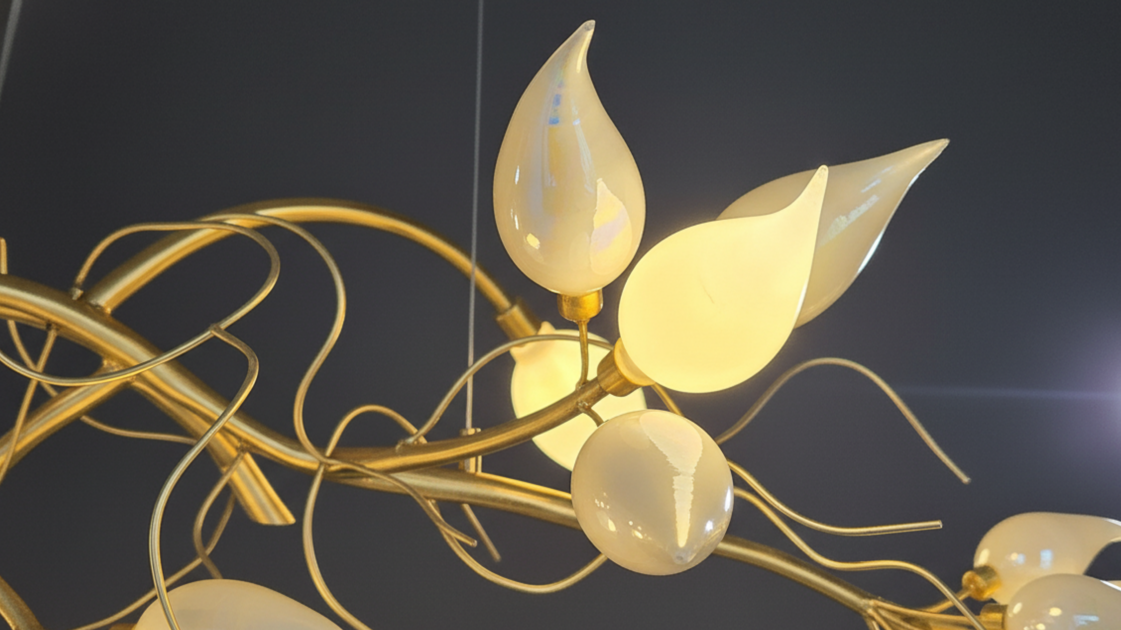 Decorative light fixture with leaf-shaped lights on a dark background