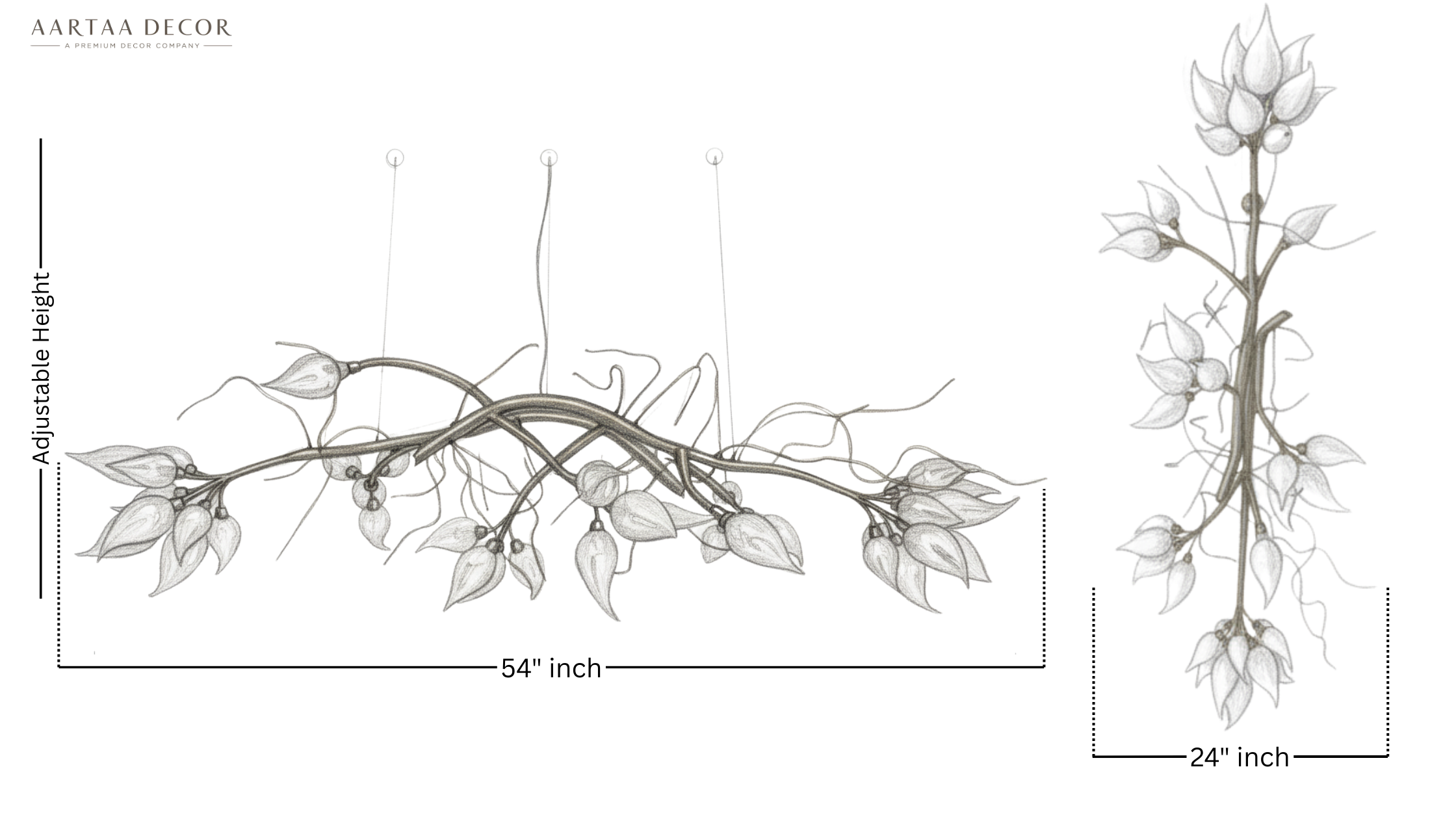 Diagram of a decorative branch with measurements on a white background Vanshika Bloom Vine Chandelier – Handcrafted Brass Floral Sculpture Light
