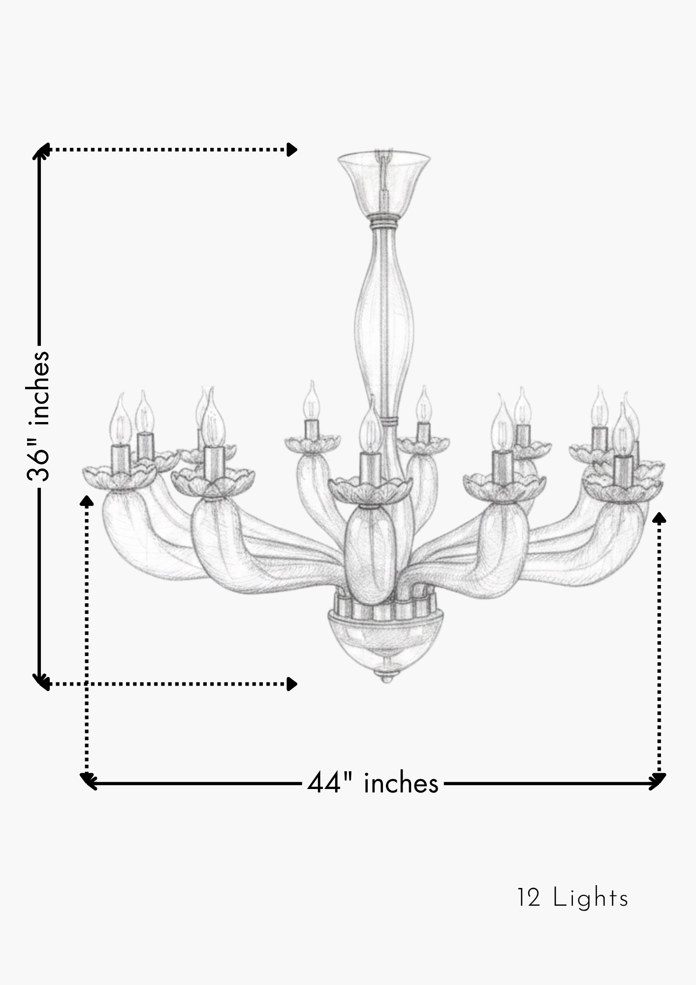 Measurement chart of a chandelier with dimensions and number of lights.