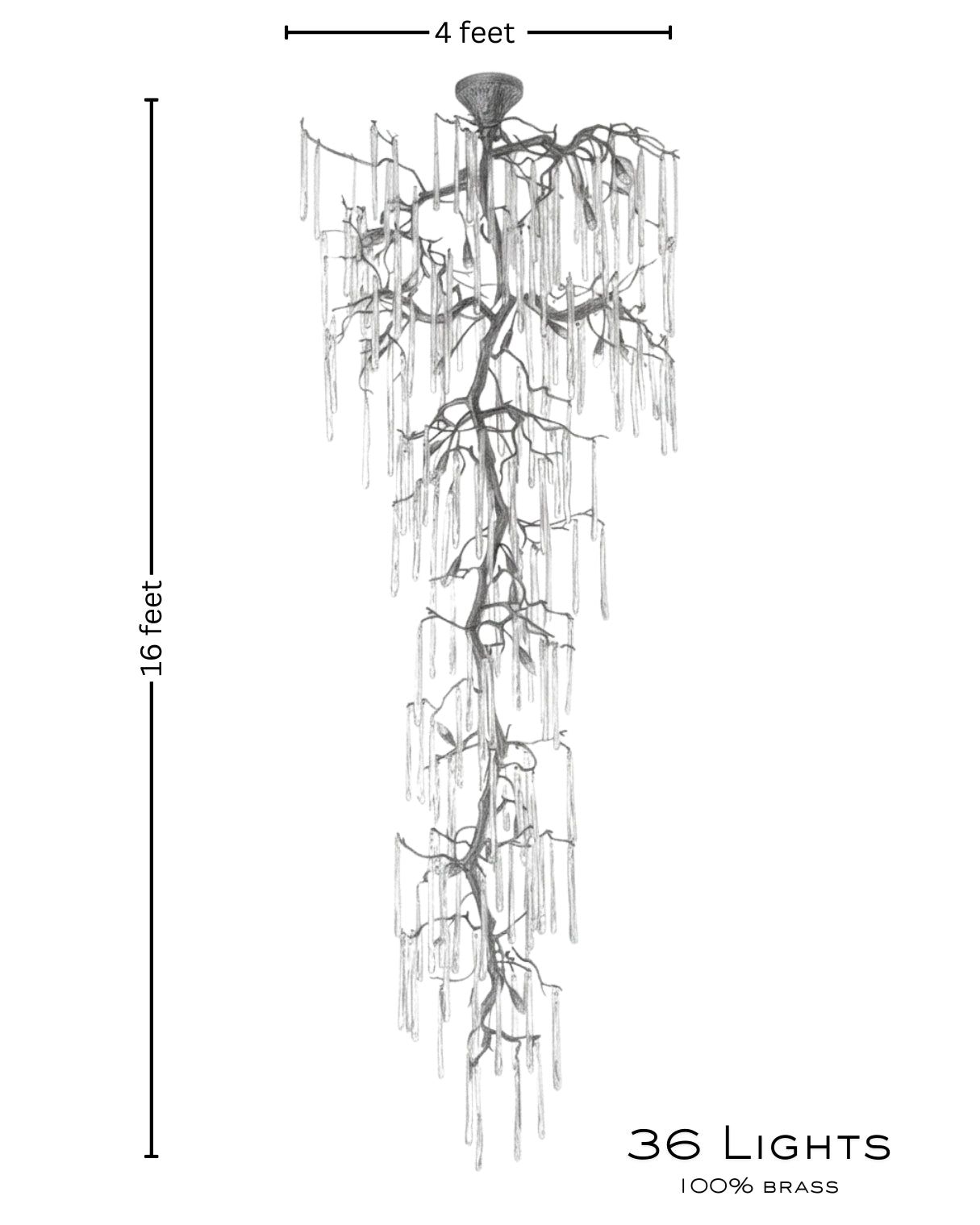 Vriksha Jyoti inspired by weeping willow Chandelier with dimensions and number of lights on a white background