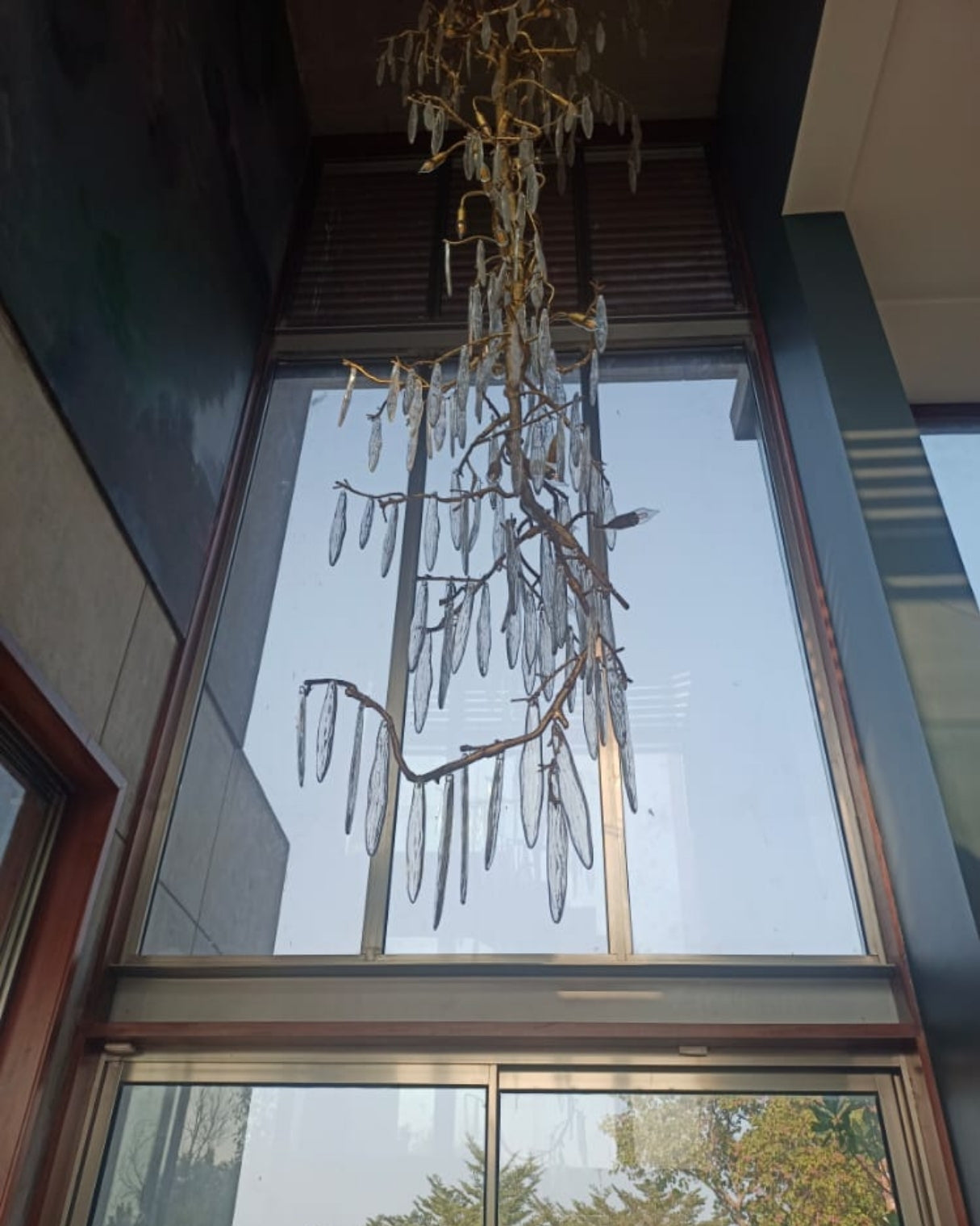 Vriksha Jyoti inspired by weeping willow Icicles hanging from a building exterior with a reflective glass surface.